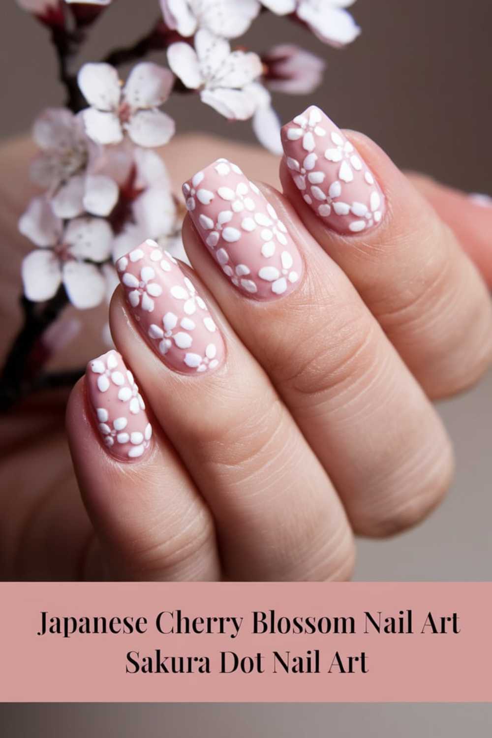 A hand with nails painted in a light pink hue features white cherry blossom designs. The background shows cherry blossoms in focus. The text reads: Japanese Cherry Blossom Nail Art Sakura Dot Nail Art.