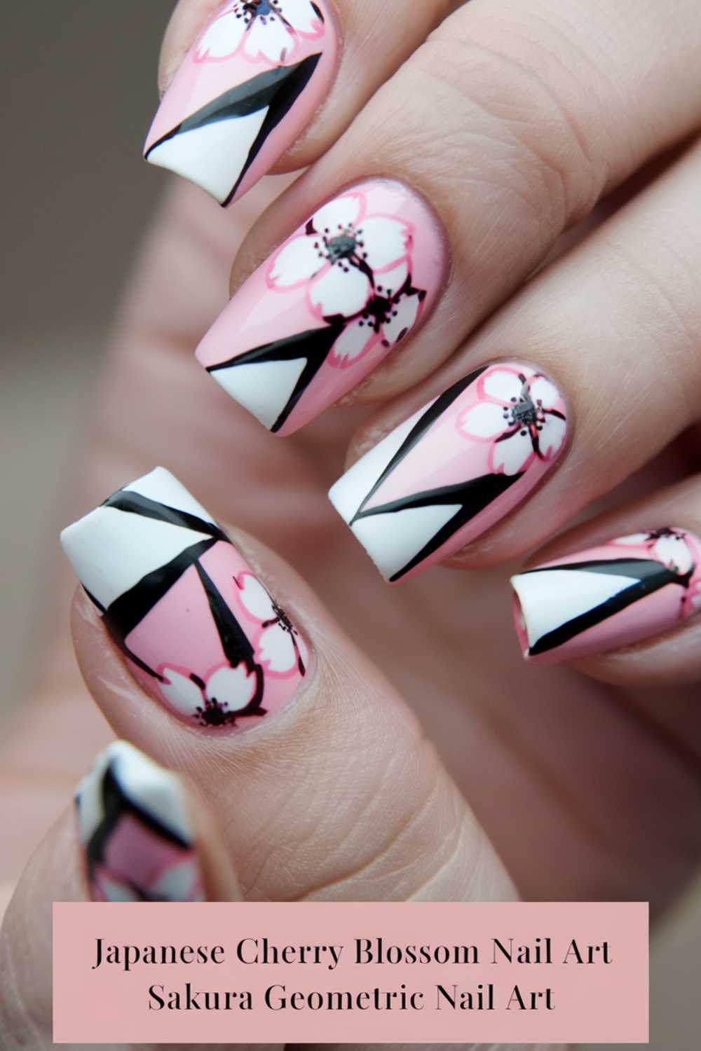 Close-up of nails featuring Japanese cherry blossom designs with pink, black, and white geometric patterns. Text overlay reads: Japanese Cherry Blossom Nail Art Sakura Geometric Nail Art.