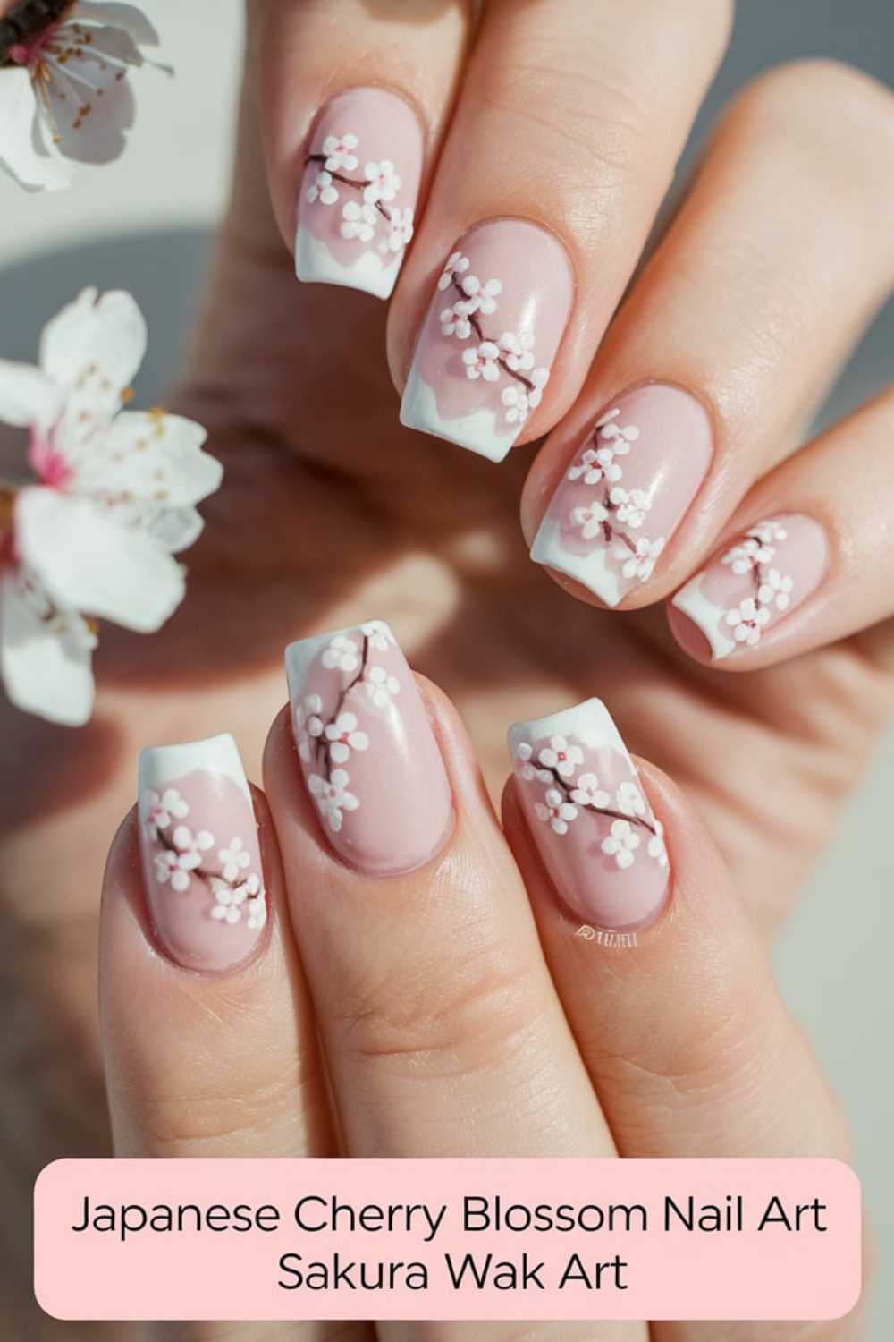 Close-up of hands with long, square nails painted pink, featuring white cherry blossom designs. The background has blurred cherry blossoms. Text overlay reads, Japanese Cherry Blossom Nail Art Sakura Wak Art.