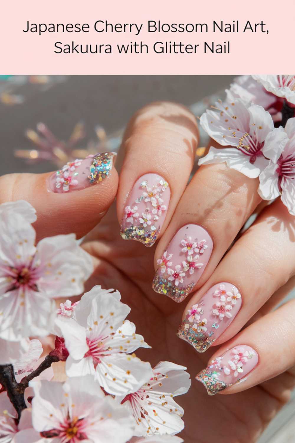 Close-up of a hand with pink nails featuring Japanese cherry blossom designs and glitter tips. Surrounding the fingers are branches of blooming cherry blossoms. Text at the top reads, Japanese Cherry Blossom Nail Art, Sakuura with Glitter Nail.