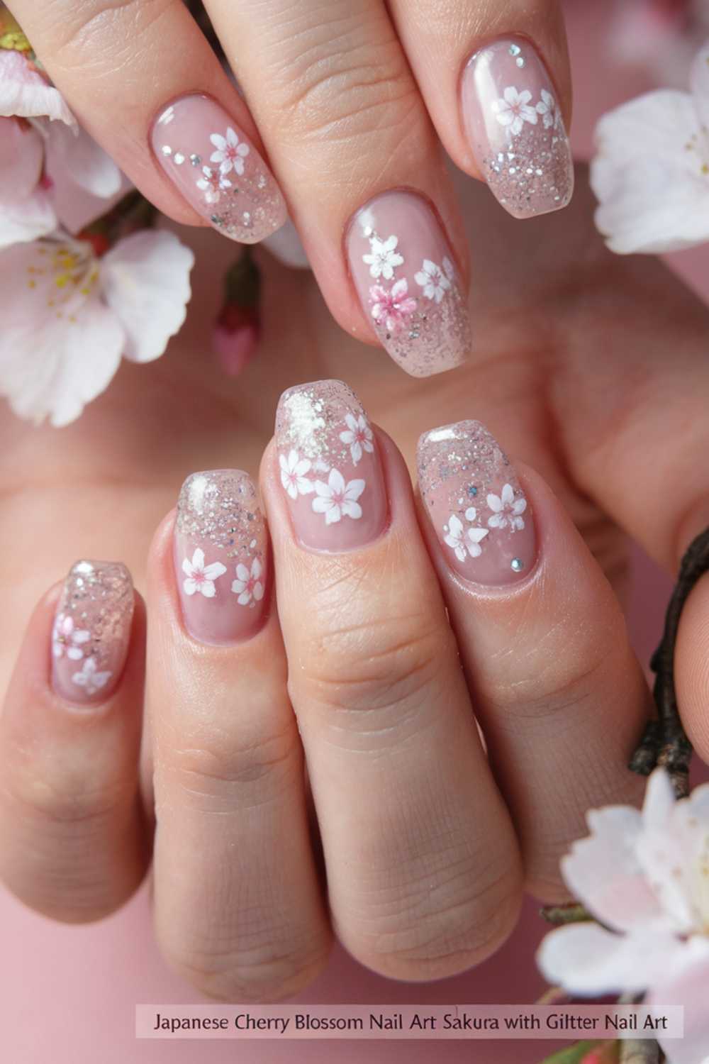 Close-up of a hand with nails painted in a pinkish nude shade featuring cherry blossom designs and silver glitter. Cherry blossoms are also visible in the background, complementing the nail art theme.