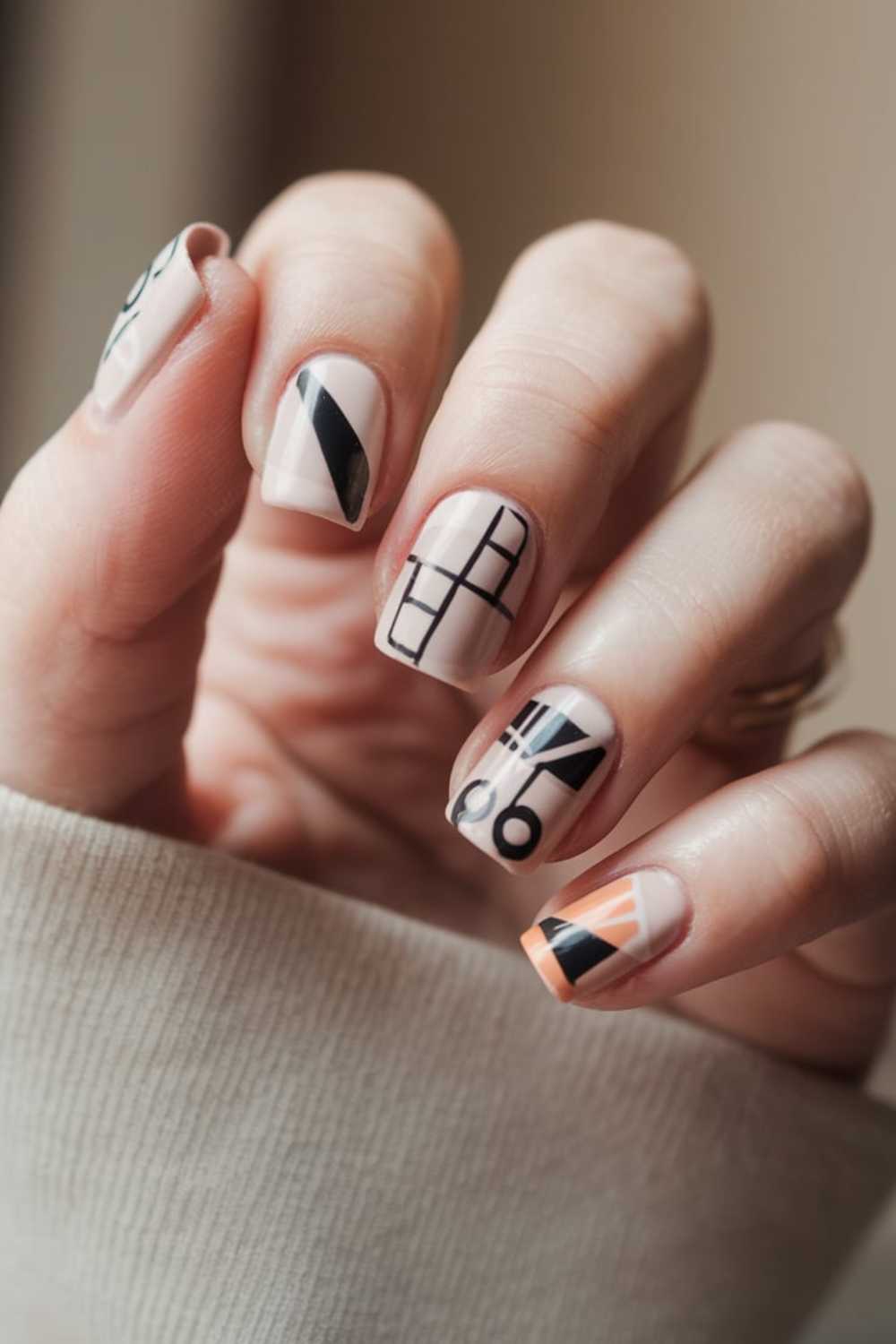 A hand with manicured nails showcases simple nail art featuring an abstract design. The nails display geometric patterns in black and peach on a nude background, with lines, squares, and circles. The person wears a light-colored, long-sleeved shirt.