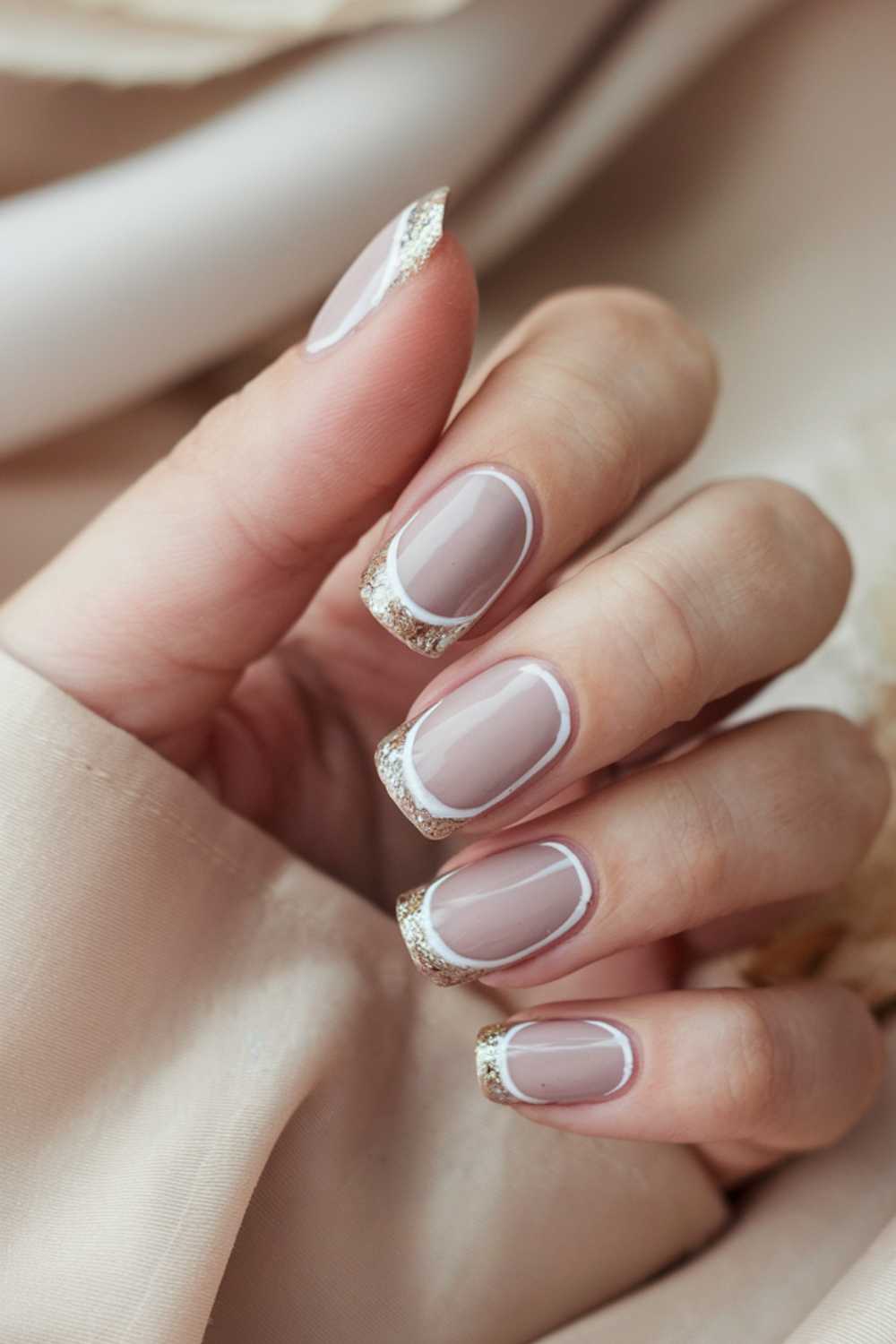 A close-up of a hand with manicured nails showcases simple nail art. The glossy, pale pink base features white outlines and shimmering gold glitter tips, creating a chic design. The hand is set against a soft, beige fabric background.