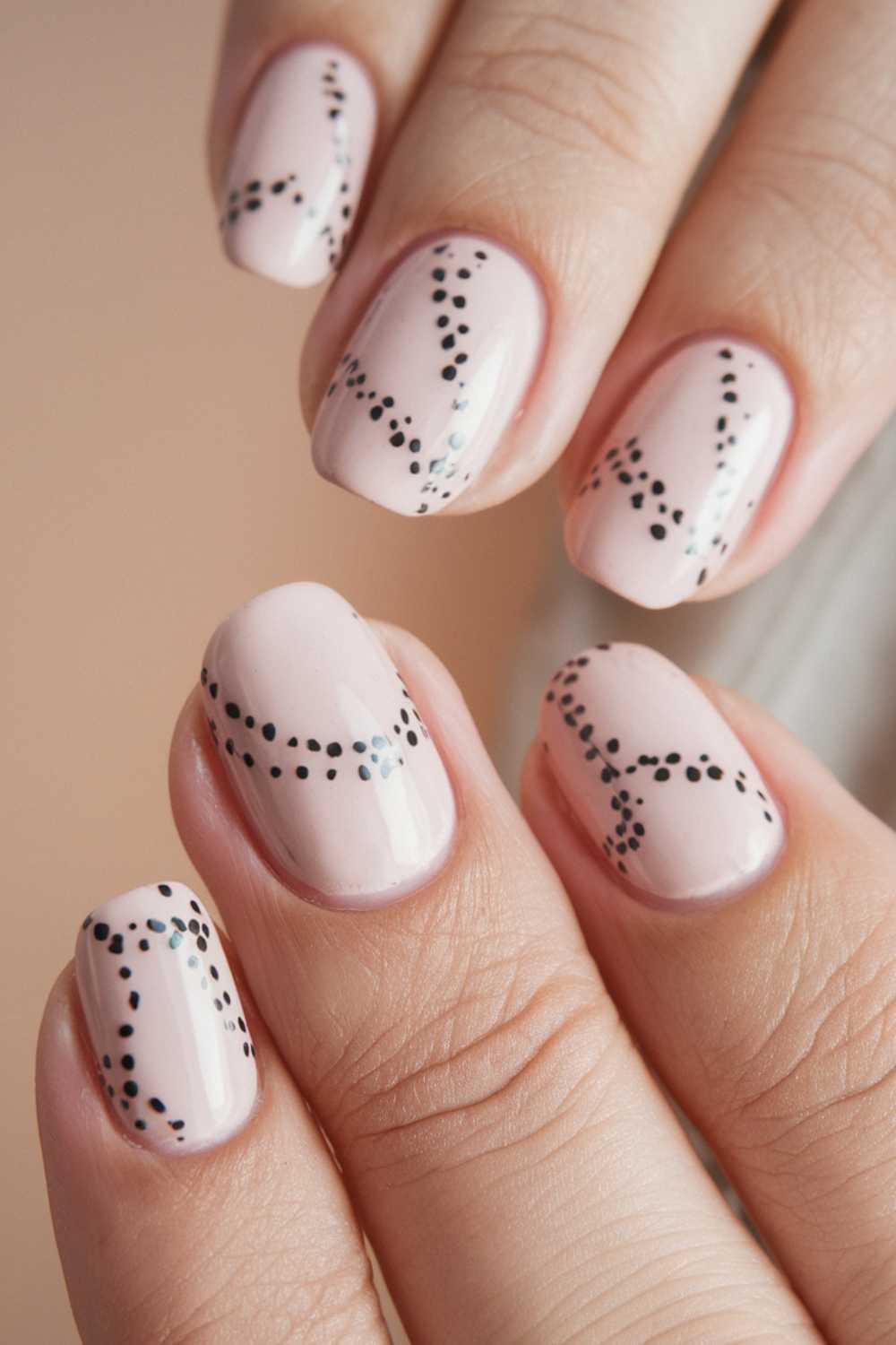 Close-up of a hand with nude-colored nails adorned with black, dotted lines creating abstract, wavy patterns. This simple nail art is elegant and stylish, showcasing a neat and polished look.