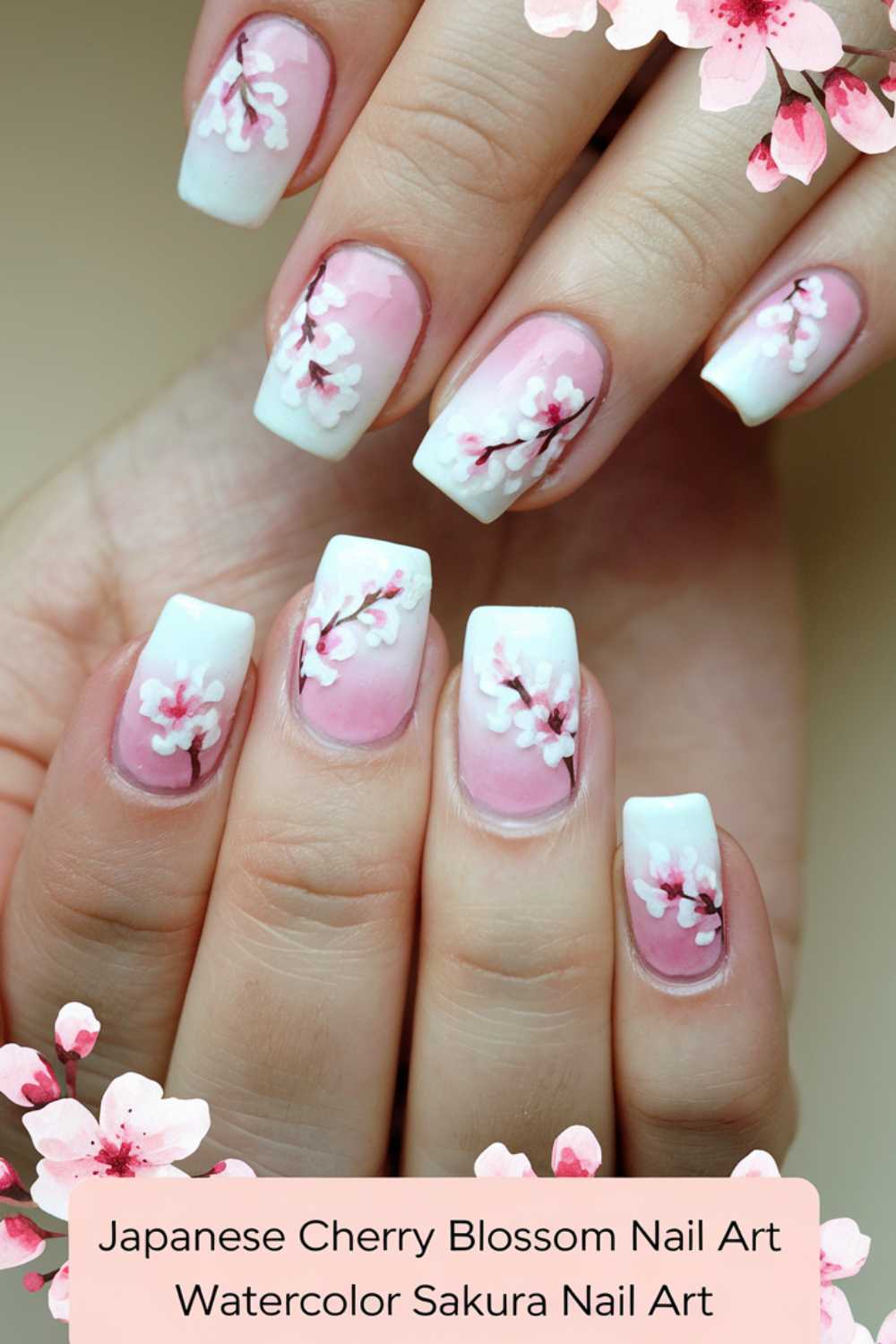 Close-up of hands with a French manicure featuring cherry blossom designs. The nails are pink and white, adorned with delicate watercolor-style flowers. Below the image is a label: Japanese Cherry Blossom Nail Art Watercolor Sakura Nail Art.