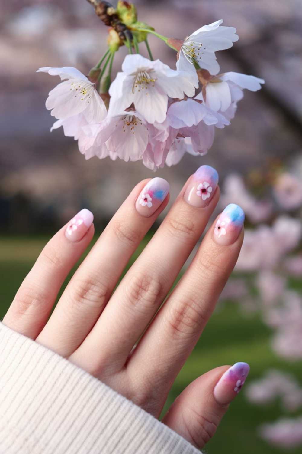 A hand with pink and blue gradient nails featuring cherry blossom designs, extended towards blooming cherry blossom flowers. A soft focus captures the greenery in the background, creating a serene and delicate scene.