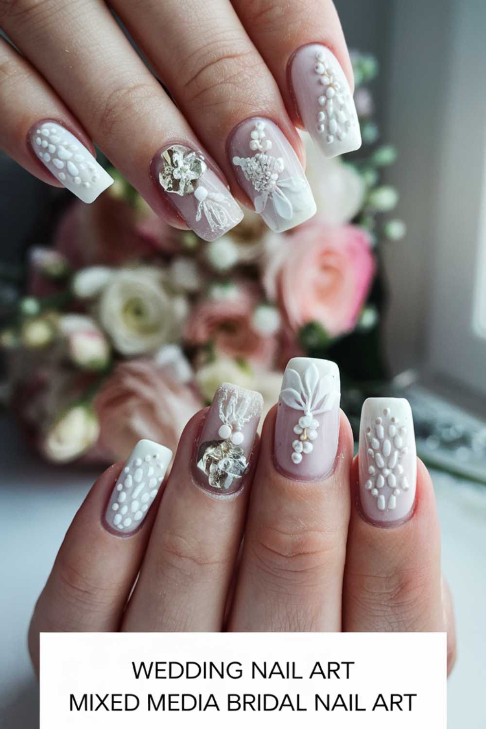 Close-up of hands with wedding nail art, featuring intricate mixed media designs in white with 3D embellishments. The background shows a soft-focus bouquet of flowers.