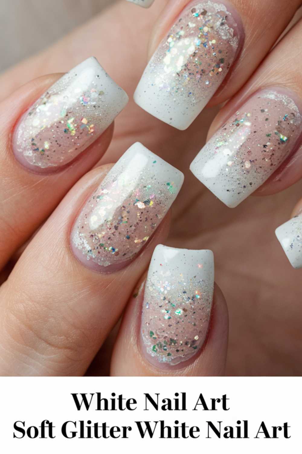 Close-up of manicured fingernails with a white and soft glitter nail art design. The nails have a smooth white tip with shimmering glitter accents, creating a sparkling and elegant look.