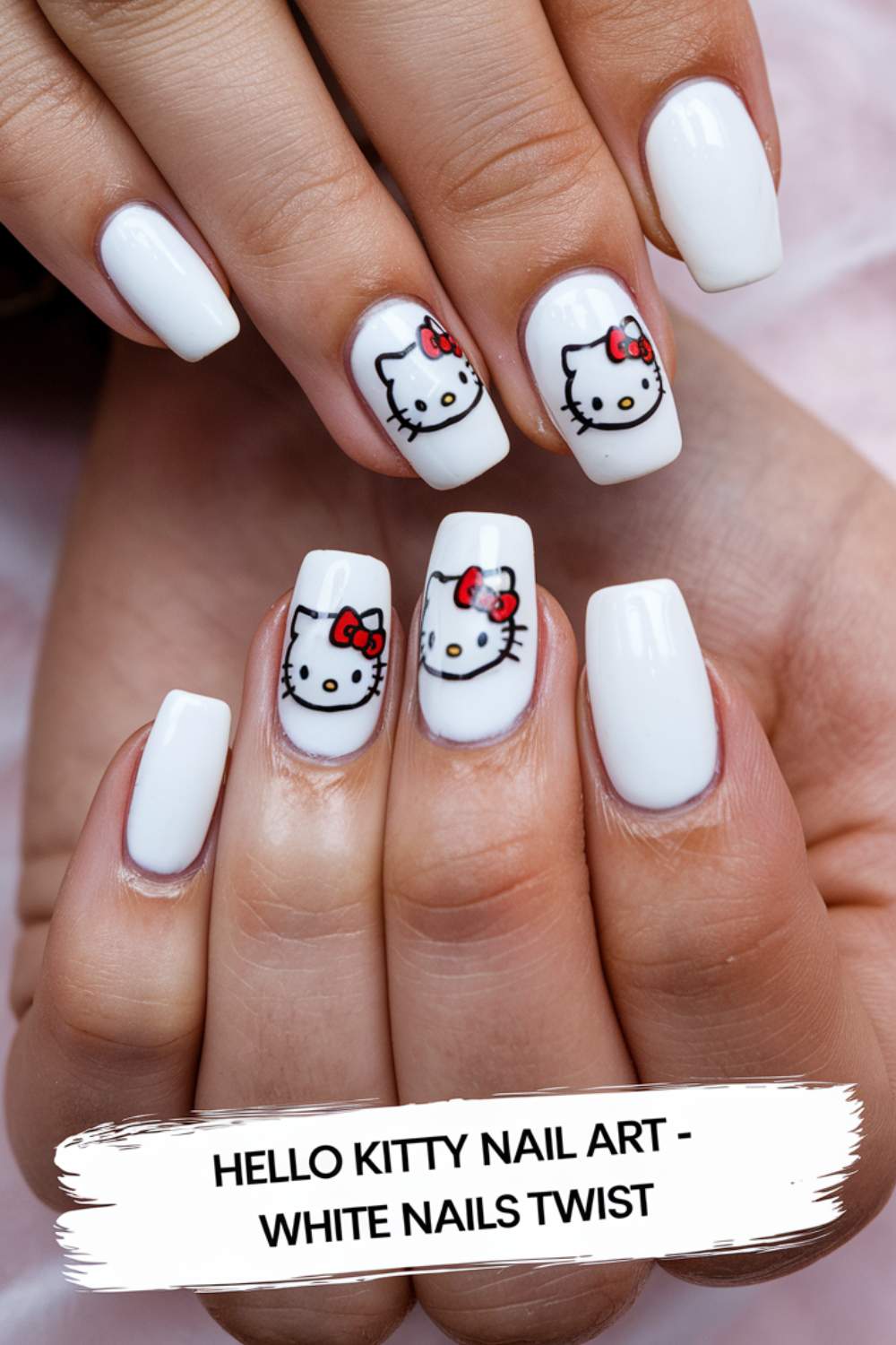 White Nails arts ideas with a Hello Kitty Twist