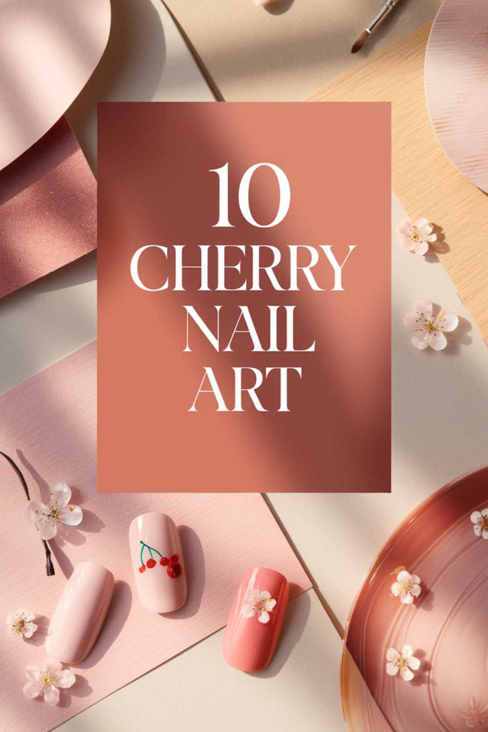 Aesthetic flat-lay of Cherry Nail Art Designs on a wooden surface. Text reads 10 Cherry Nail Art on a pink background. Includes pink and cherry-themed nail designs, cherry blossoms, and a nail brush.