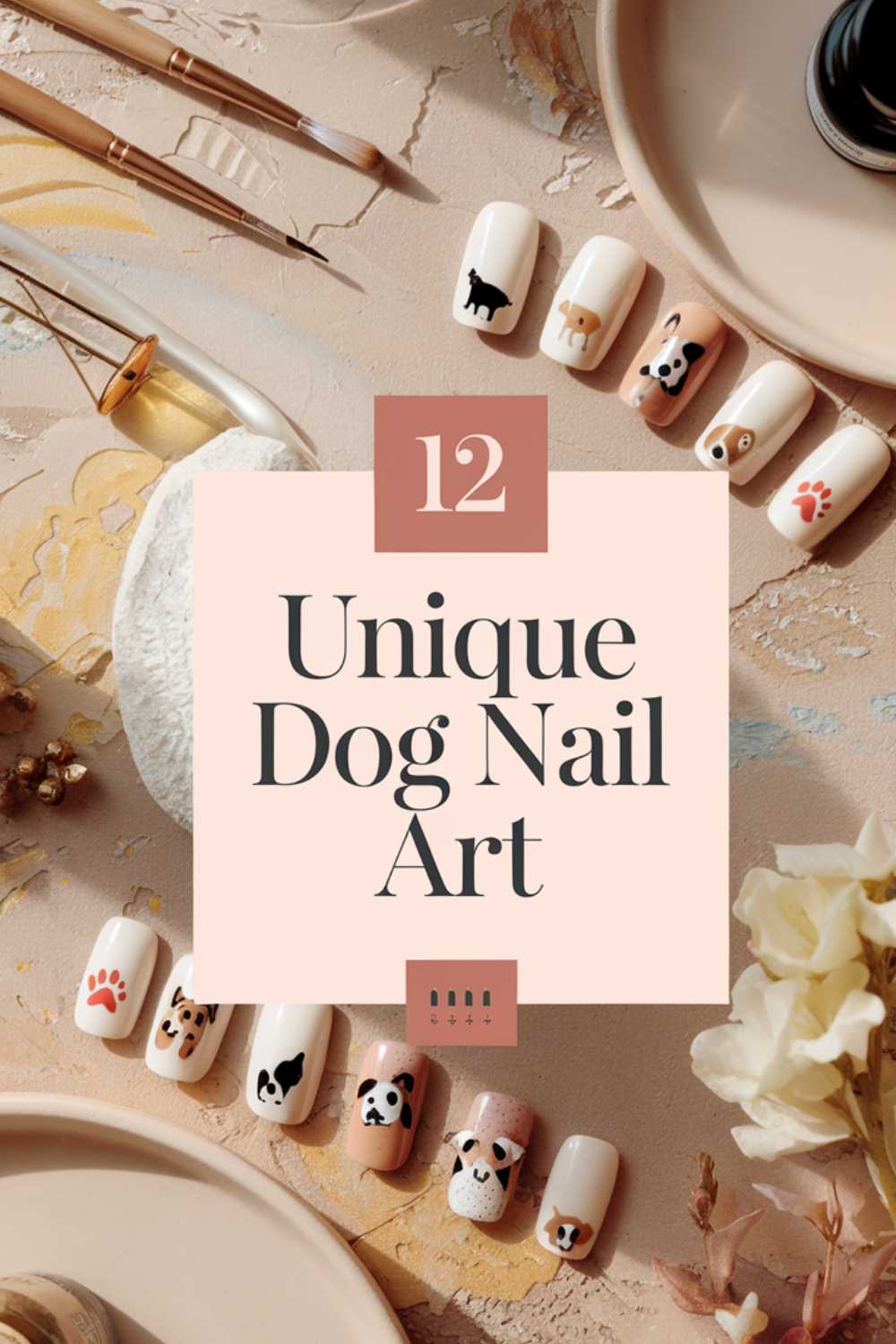 Flat lay showcasing 12 Unique Dog Nail Art designs, with delightful paw prints and dog faces. Surrounded by art supplies and flowers on a beige textured surface, this whimsical display celebrates creativity and canine charm.
