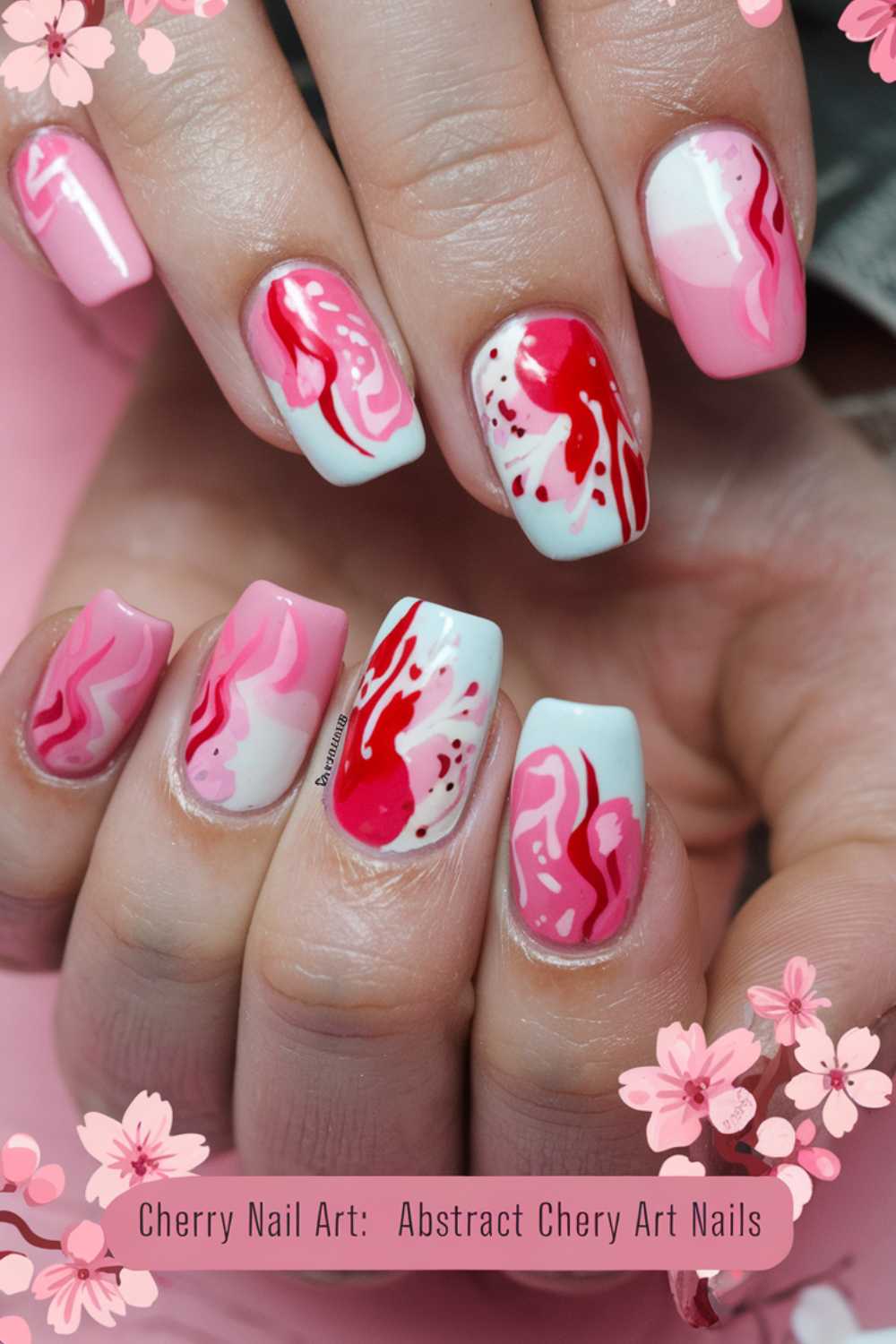 Nails with abstract cherry blossom-inspired art, showcasing swirling red, pink, and white designs. The background includes delicate pink petals with text at the bottom that reads Cherry Nail Art Designs: Abstract Cherry Art Nails.