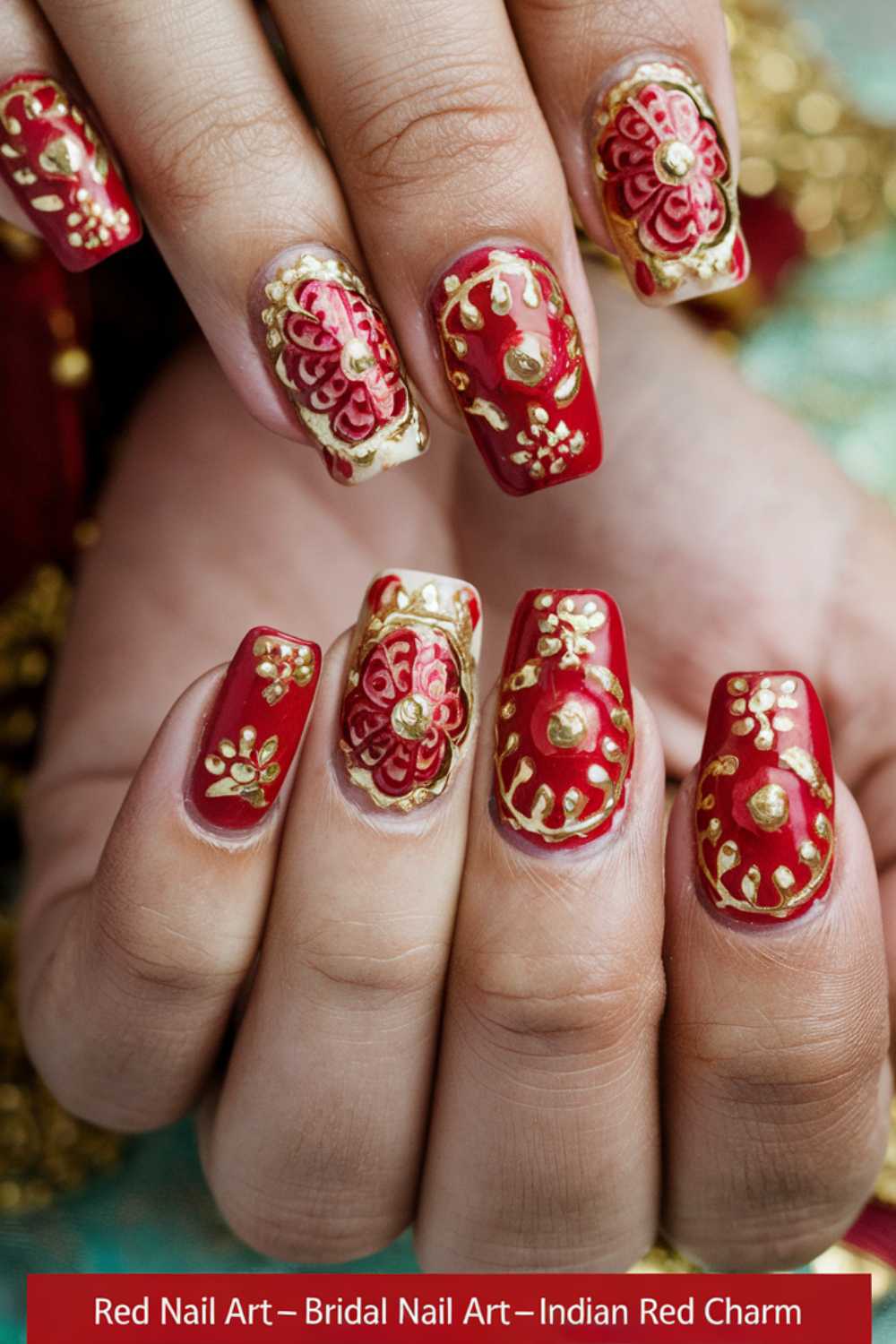 Close-up of hands showcasing intricate red and gold bridal nail art. The designs are ornate, featuring floral and decorative patterns, enhancing the cultural and festive theme.
