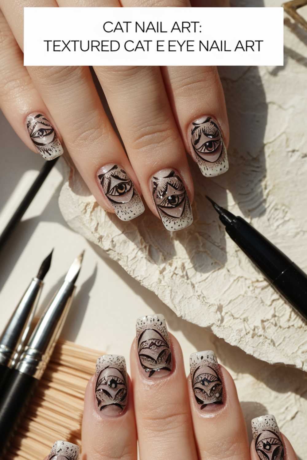 Close-up of a persons hands with intricate cat-eye-themed nail art in black and beige. The nails feature detailed illustrations of cat eyes. Art tools like brushes and ink pens are placed nearby. A text overlay reads, Cat Nail Art: Textured Cat Eye Nail Art.