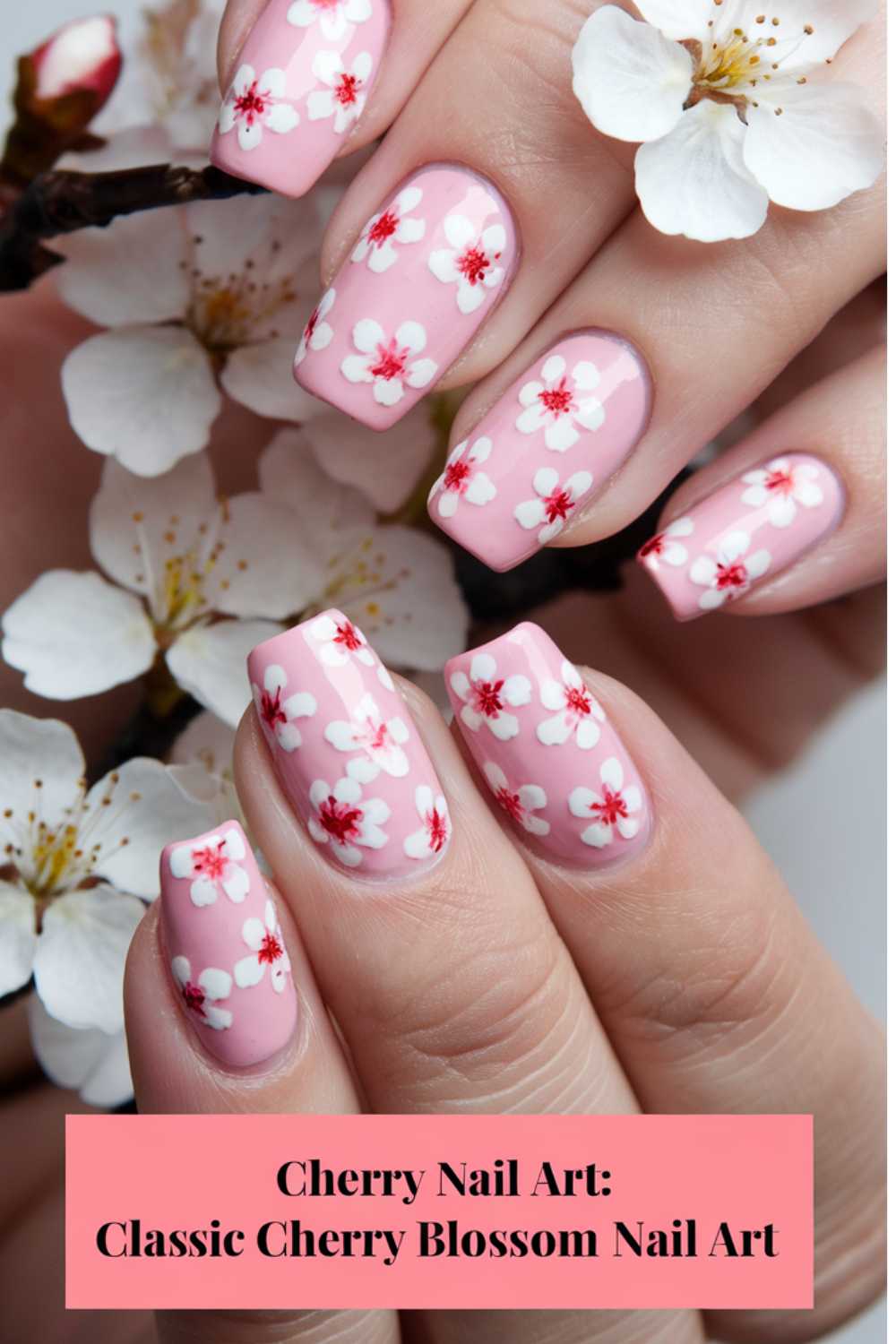 Close-up of hands showcasing exquisite Cherry Nail Art Designs. The nails are painted pink with white and red flower patterns, resembling cherry blossoms. Real cherry blossoms bloom softly in the background, enhancing the harmonious, floral theme.