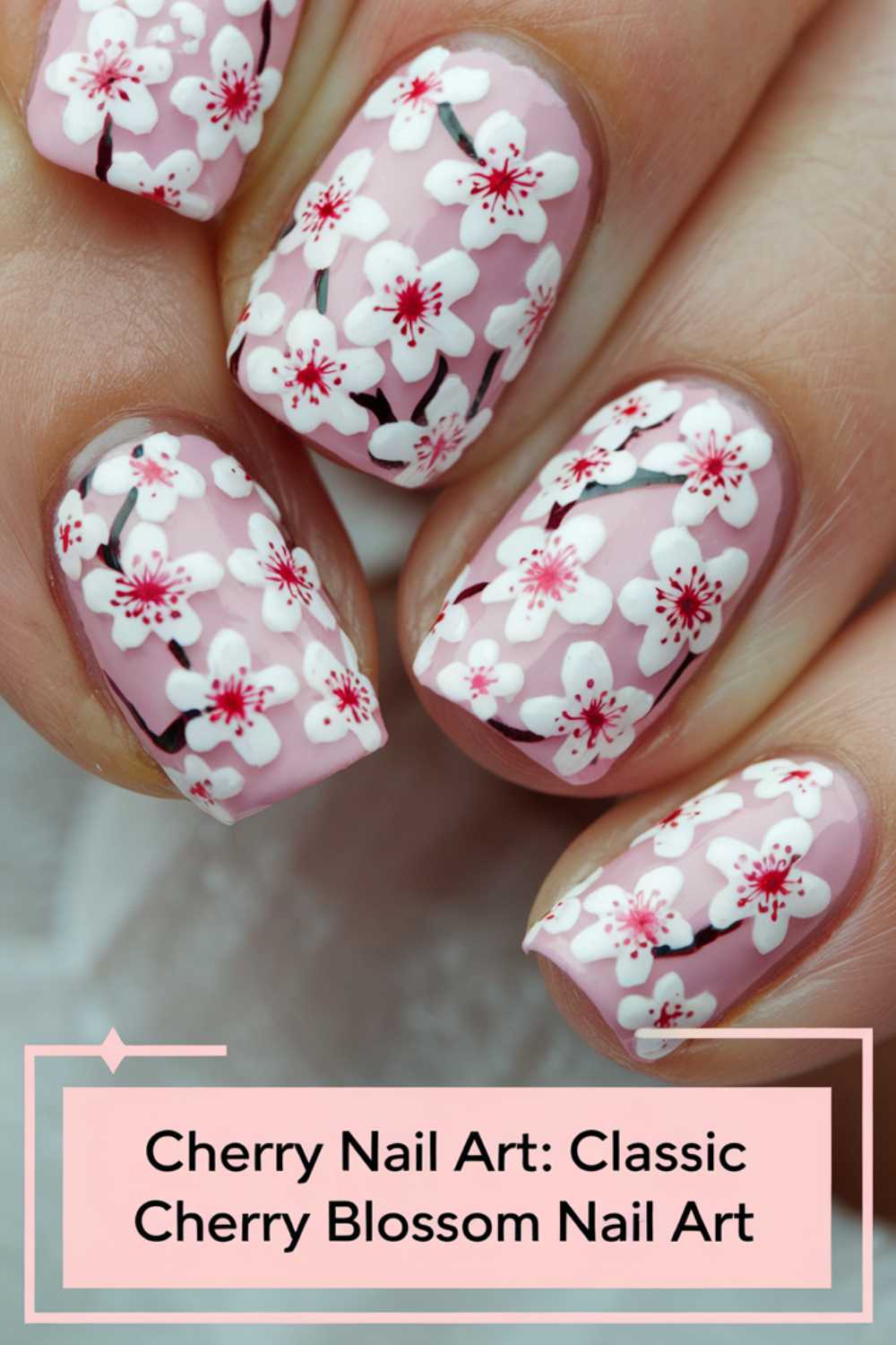 Close-up of fingernails with pink polish adorned with white and pink cherry blossom designs. Text at the bottom reads, Cherry Nail Art Designs: Classic Cherry Blossom Nail Art.