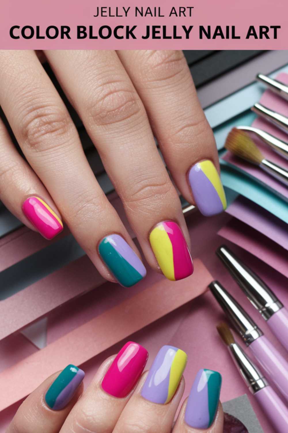 Hands showcase colorful jelly block nail art in shades of pink, purple, teal, and yellow, surrounded by manicure tools. The text reads Jelly Nail Art: Explore Vibrant Jelly Nail Art Ideas.