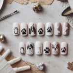 A set of false nails adorned with dog nail art, featuring cute paw prints and dog faces, arranged on a textured surface. Surrounding the nails are various nail art tools and decorative items.
