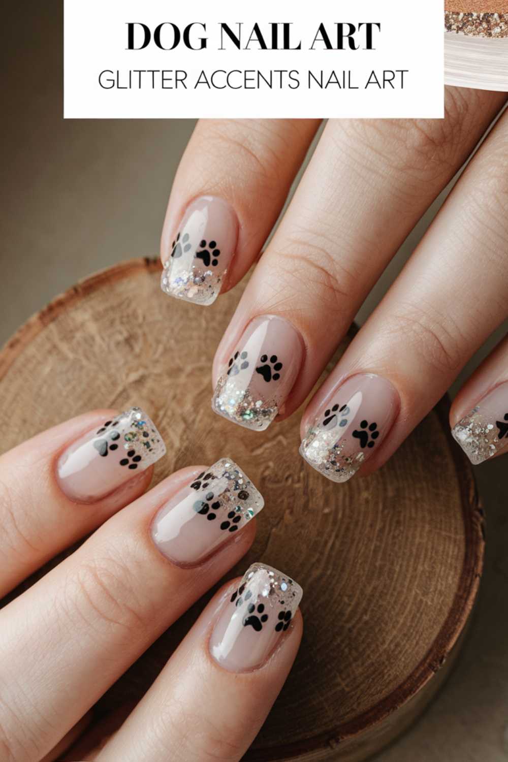 Close-up of hands showcasing a chic French manicure with a twist: clear glittery tips adorned with stylish black paw print designs. Above, the text reads: Dog Nail Art - the ultimate glitter accents for canine-inspired elegance.