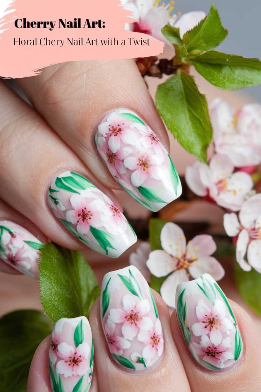 Close-up of fingers with floral cherry blossom nail art. The nails are painted with pink blossoms and green leaves, mirroring the real blossoms held by the fingers. Text at the top reads: Cherry Nail Art Designs: Floral Cherry Nail Art with a Twist.