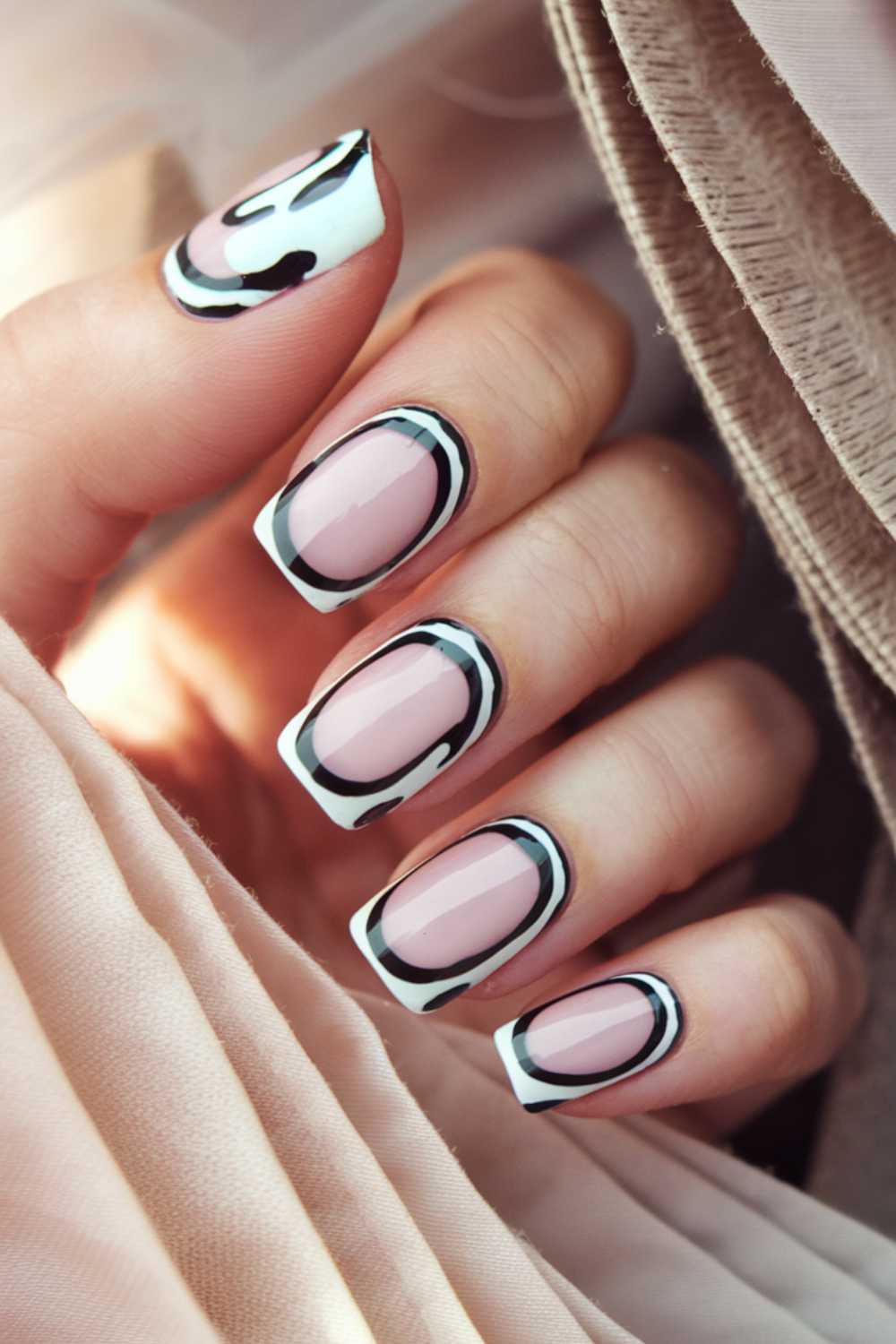 A hand with manicured nails featuring a sophisticated design. The nails are painted light pink with black and white abstract patterns, giving a modern, artistic look. The background includes soft beige fabric, adding an elegant touch.