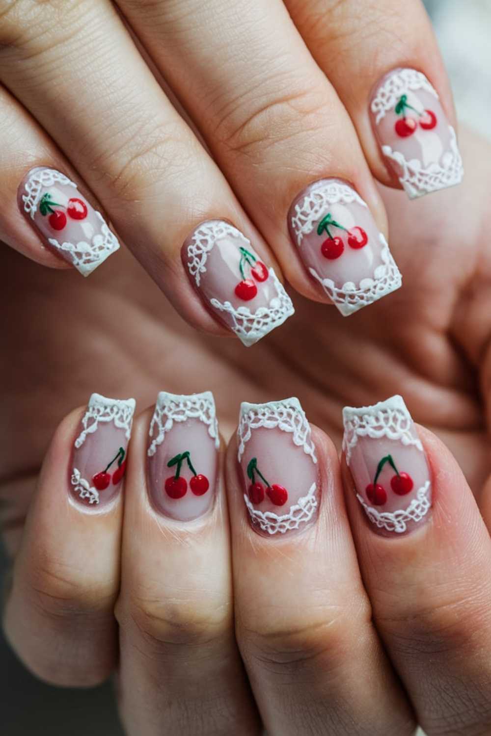 Close-up of hands displaying cherry nail art designs with intricate patterns. Nails feature white lace details and small red cherry illustrations on a light pink background, creating a delicate and artistic look.