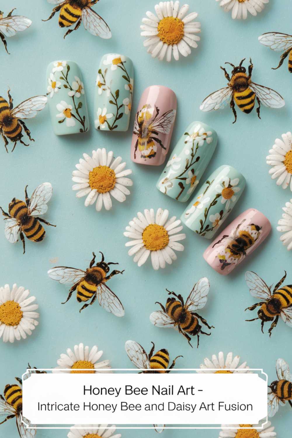 Bee Nail Art featuring intricate honey bee and daisy designs on mint and pink backgrounds. The nails are elegantly displayed on a printed surface adorned with bees and daisy decorations, capturing the essence of natures charm.