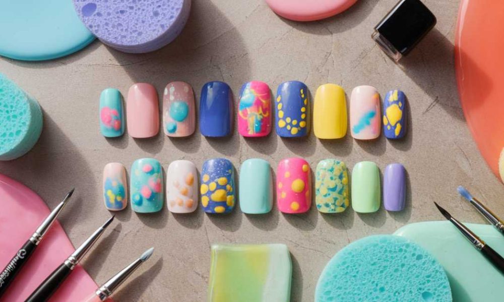 An array of colorful, artistic press-on nails with abstract designs showcases jelly nail art ideas, surrounded by various painting brushes and sponges in pastel hues on a textured surface.