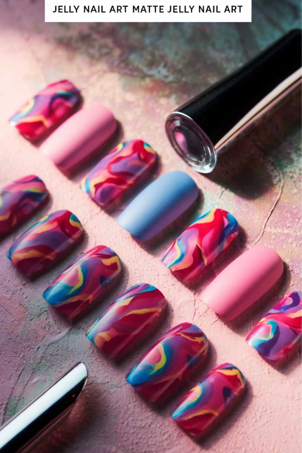 A set of artificial nails displayed on a textured surface showcases jelly nail art ideas with vibrant, swirling patterns in pink, blue, and purple. The glossy and matte finishes complement the look, while a nail polish bottle cap peeks from the top right.