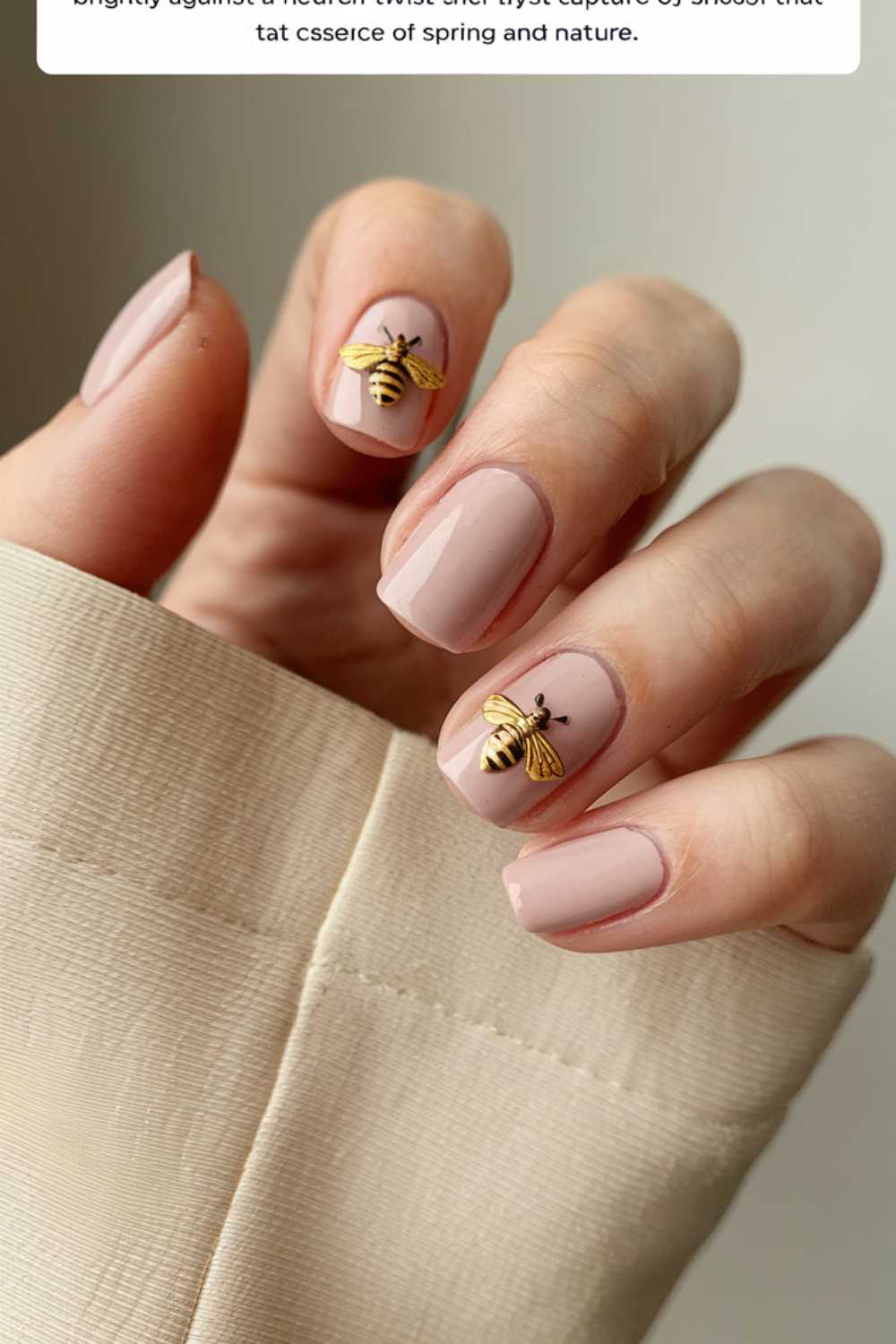 A hand with a beige sleeve shows off manicured nails painted in a soft nude color. Each nail features exquisite bee nail art, with golden bee embellishments adding a touch of elegance and nature-inspired charm.