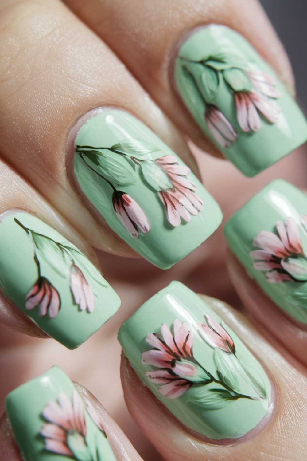 Close-up of fingernails painted mint green, featuring detailed hand-painted pink and white flowers with green stems for a delicate floral green nail art design.
