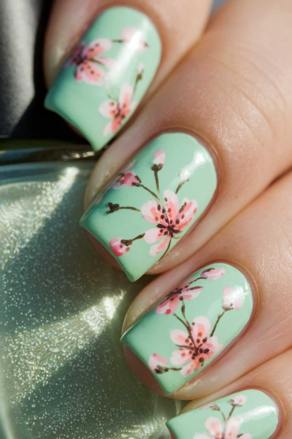 Close-up of fingernails painted with pastel green polish and decorated with delicate pink cherry blossom designs, showcasing elegant green nail art while holding a bottle of matching nail polish.