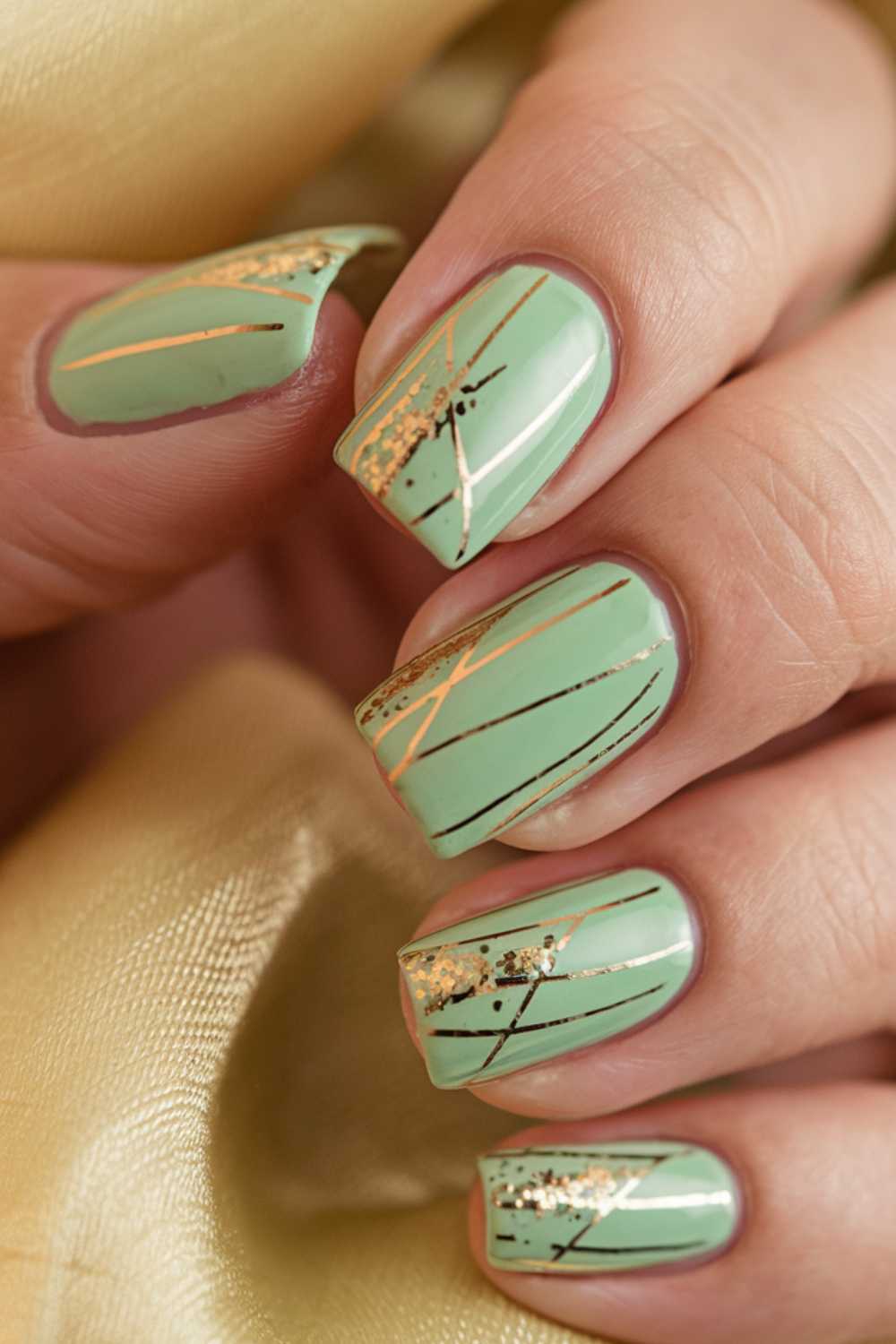 Close-up of a hand with light green manicured nails showcasing elegant Green Nail Art, featuring gold glitter, black, and gold diagonal line accents, set against a soft gold fabric background.