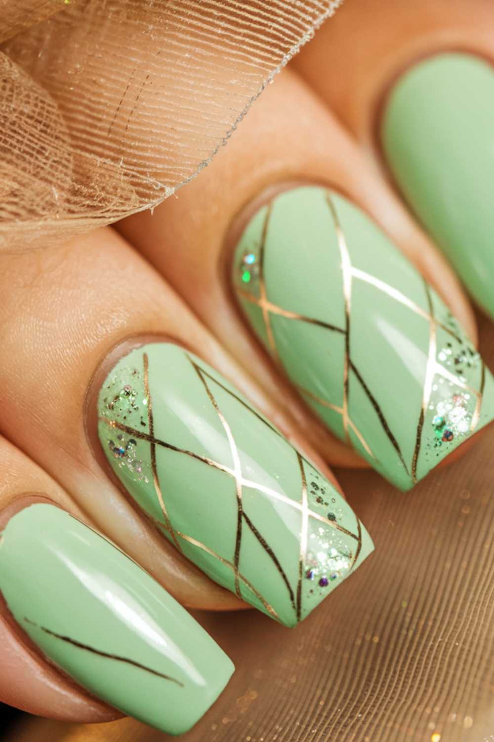 Close-up of fingernails painted mint green with gold crisscross lines and glitter accents, showcasing elegant green nail art design.