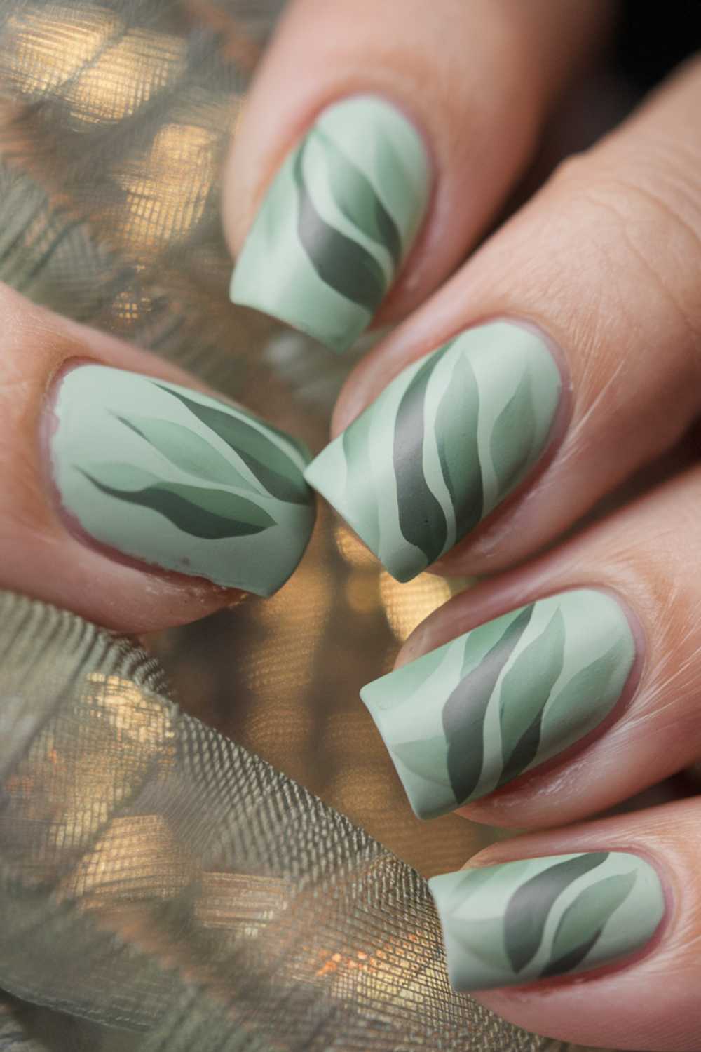Close-up of fingernails painted with a matte, light green polish featuring abstract, wavy dark green and gray leaf-like Green Nail Art patterns. The hand rests on a shimmery, textured fabric.