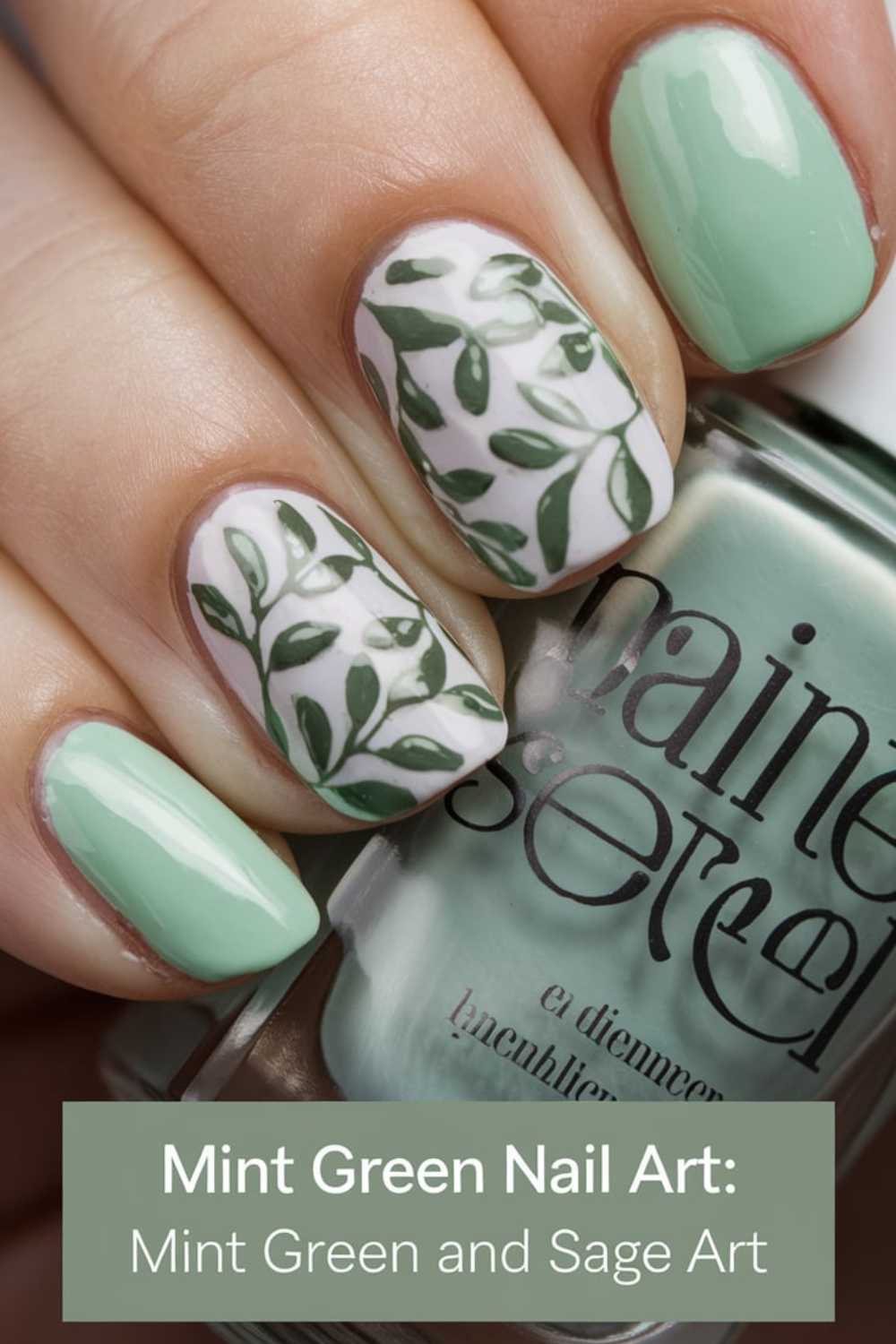 Close-up of a hand with mint green nail polish; two nails showcase white backgrounds with leafy sage designs. A bottle of mint green polish is held in the hand. Text below reads Green Nail Art: Mint Green and Sage Art.