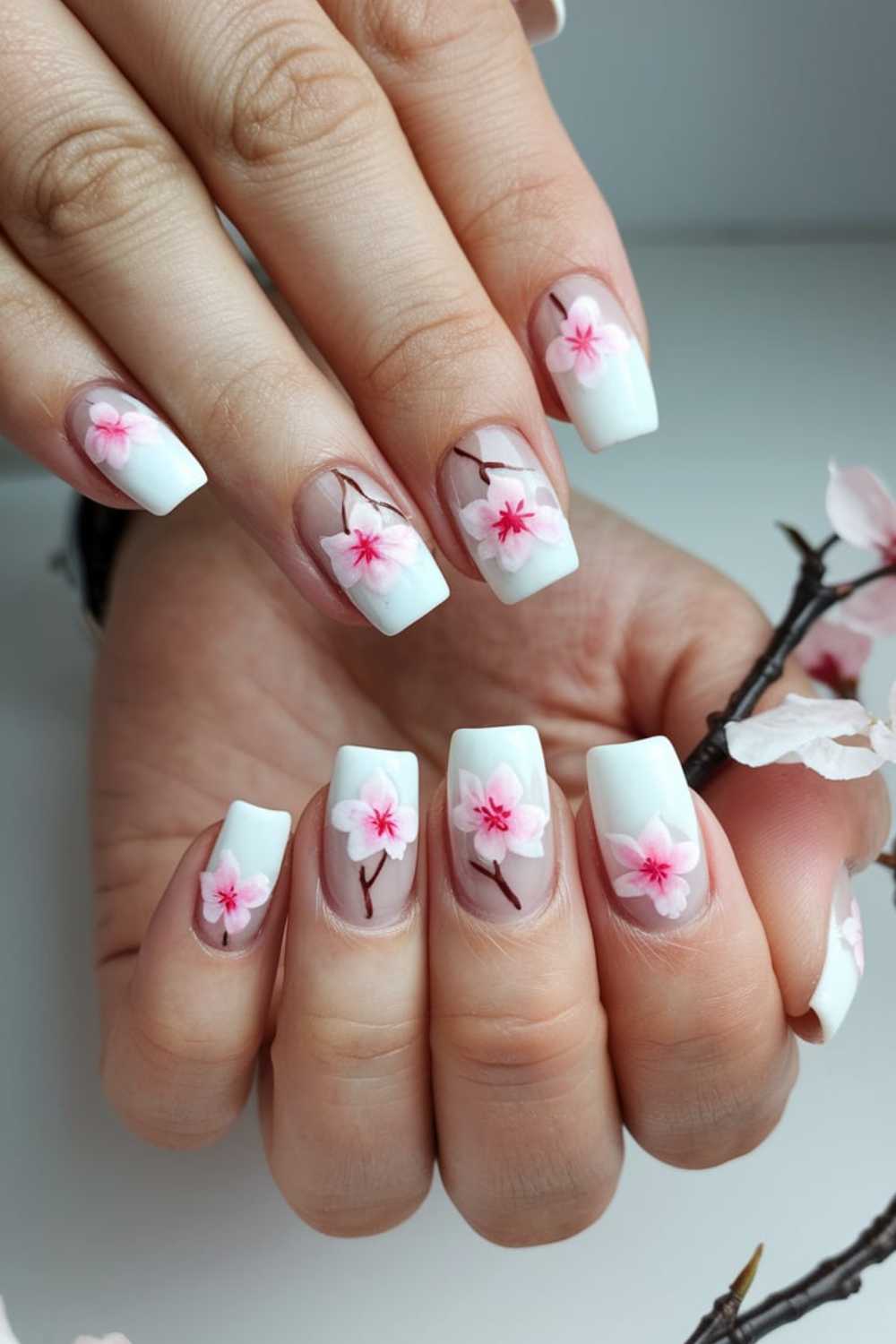 Close-up of hands with nails painted white, showcasing cherry nail art designs featuring pink cherry blossoms and branches. The square-shaped nails are set against a backdrop of cherry blossom accents, perfectly complementing the intricate design.