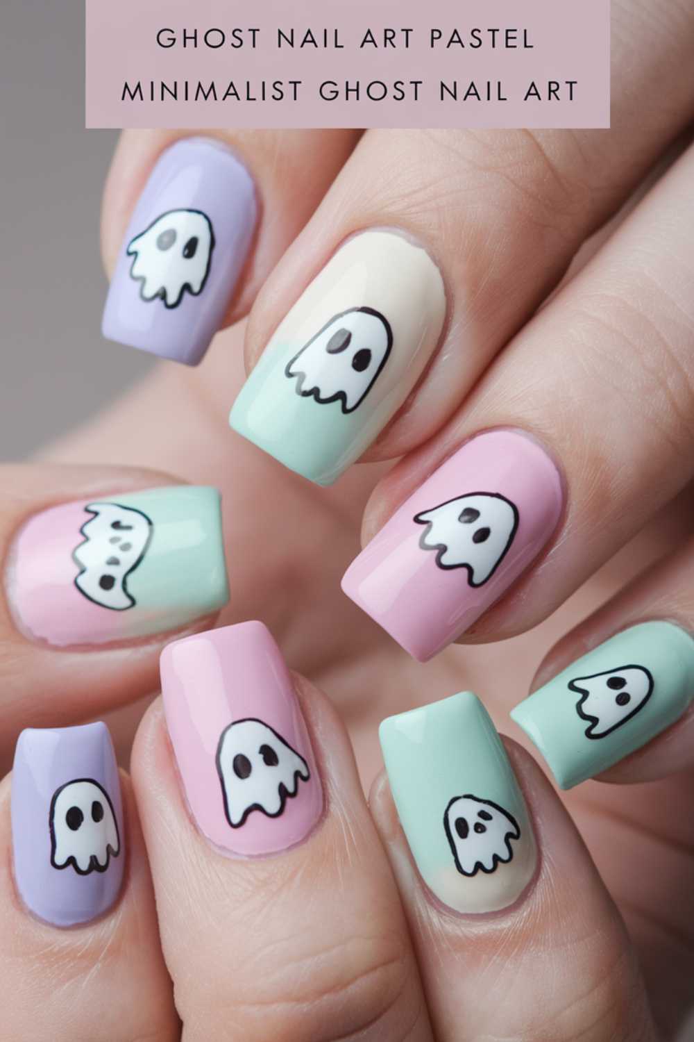 Close-up of a hand with pastel-themed nail art featuring minimalist ghost designs. Each nail is painted in a different pastel color, including purple, mint green, soft pink, and cream, and decorated with a small white ghost with black eyes and mouth.