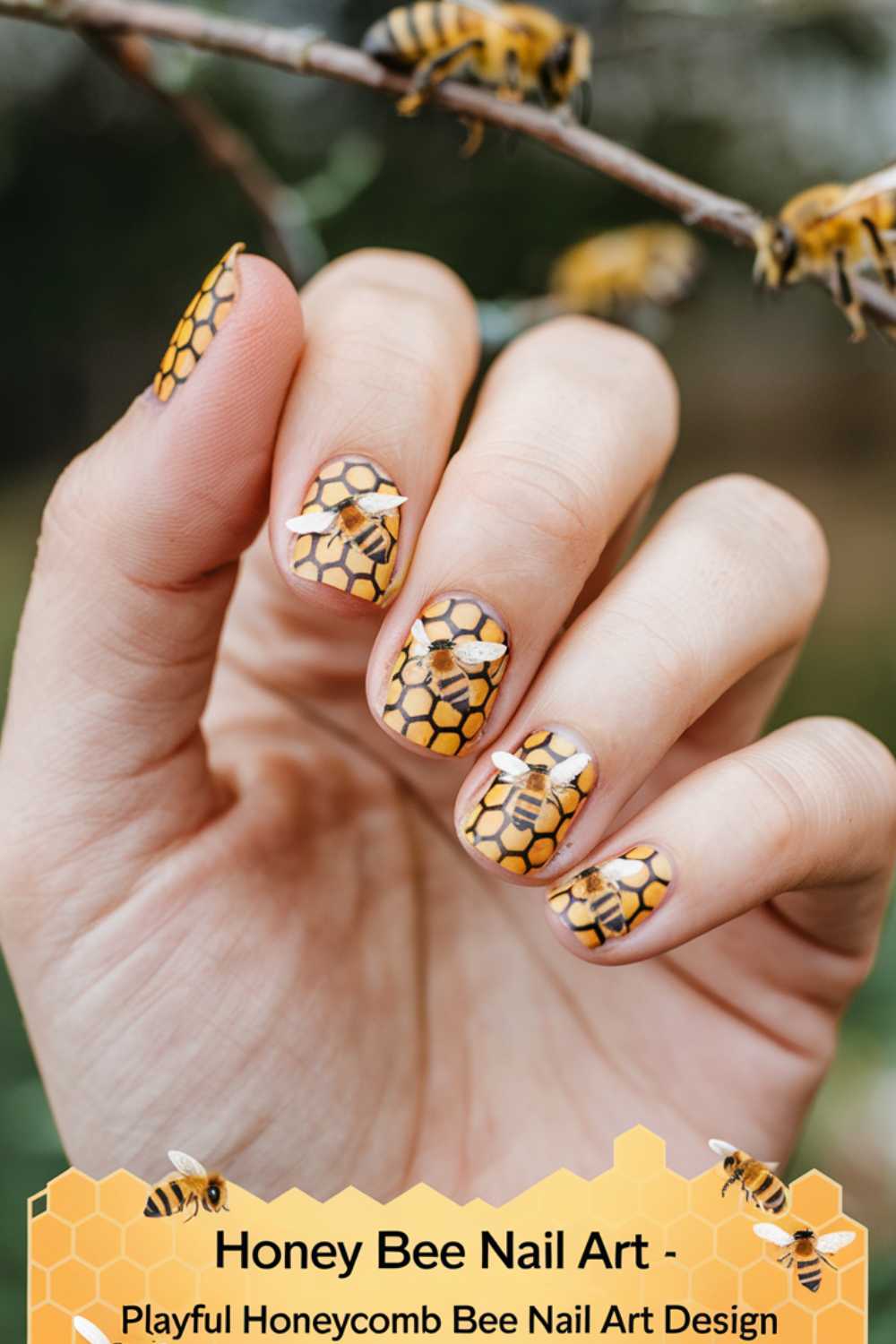 A hand showcases bee nail art with a playful honeycomb pattern and intricate bee designs. Set against a buzzing natural backdrop with bees, these nails make a delightful statement. Text reads: Honey Bee Nail Art - Playful Honeycomb Bee Nail Art Design.