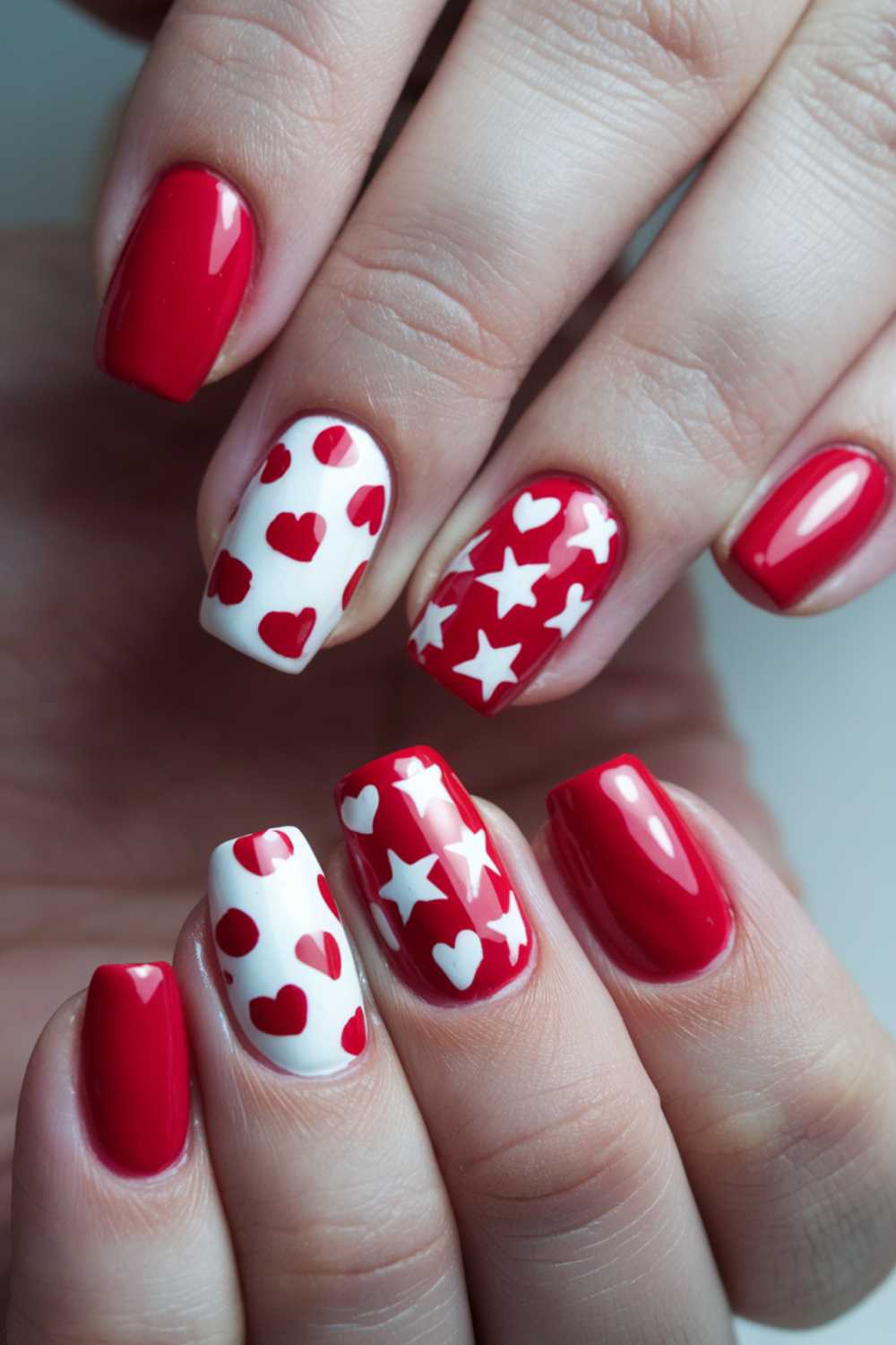 Close-up of hands with red and white manicure. Nails feature red polish, white stars on red, red hearts on white, and white stars on white. The design is bold and festive.