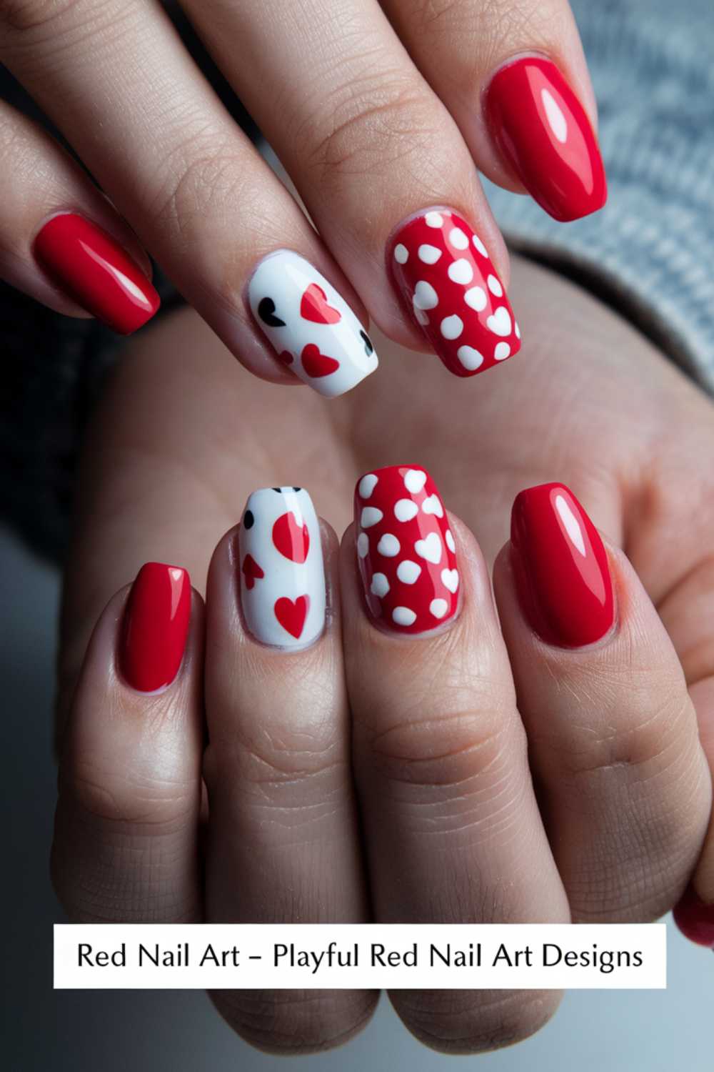 Hands with red nail polish featuring various designs: solid red, white with red hearts, red with white hearts, and white with red polka dots.