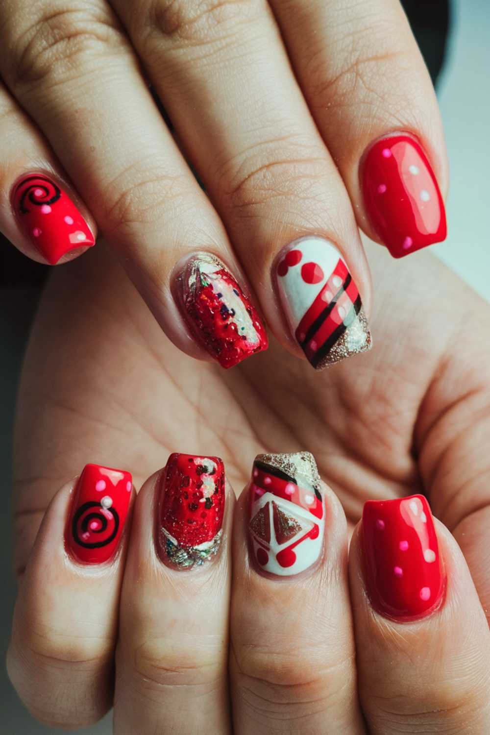 Close-up of hands with vibrant red and white nail art. Designs include polka dots, swirls, stripes, and glitter accents. Each fingernail features a unique pattern, combining bold colors and creative designs for a striking appearance.