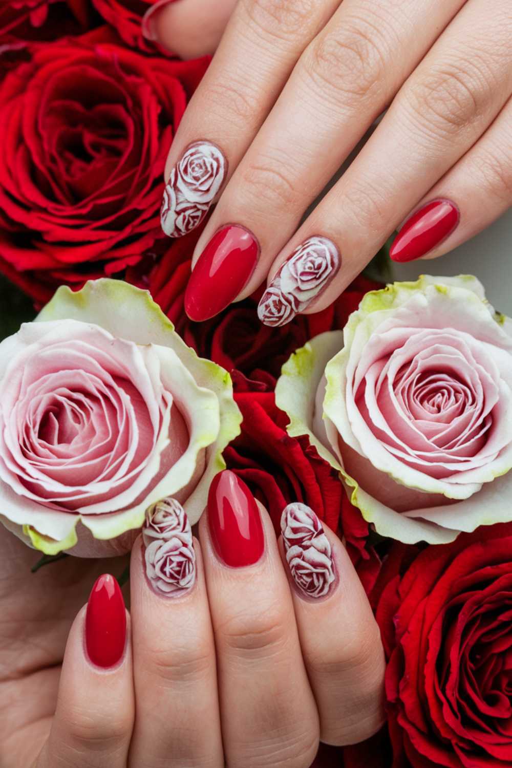 Close-up of hands with red and floral nail art, holding pink and red roses. The nails have intricate rose designs, and the arrangement highlights the floral theme.