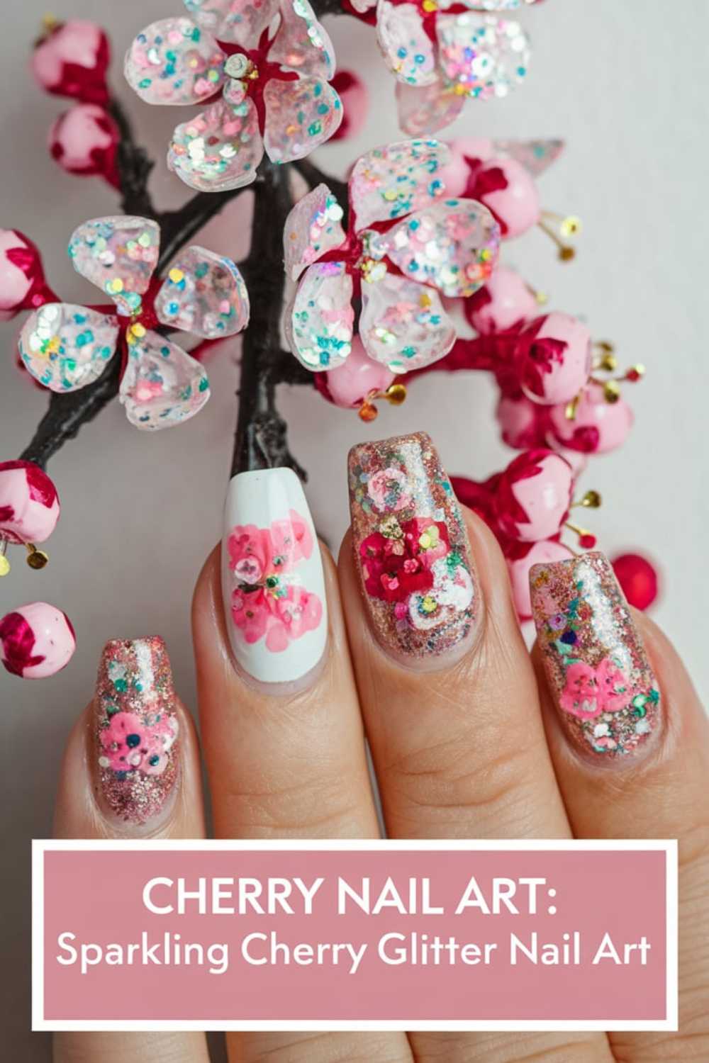 A hand with cherry-themed nail art holds a decorative cherry blossom branch. The sparkling designs boast pink and white floral accents. Text at the bottom reads: Cherry Nail Art Designs - Sparkling Cherry Glitter Nail Art.