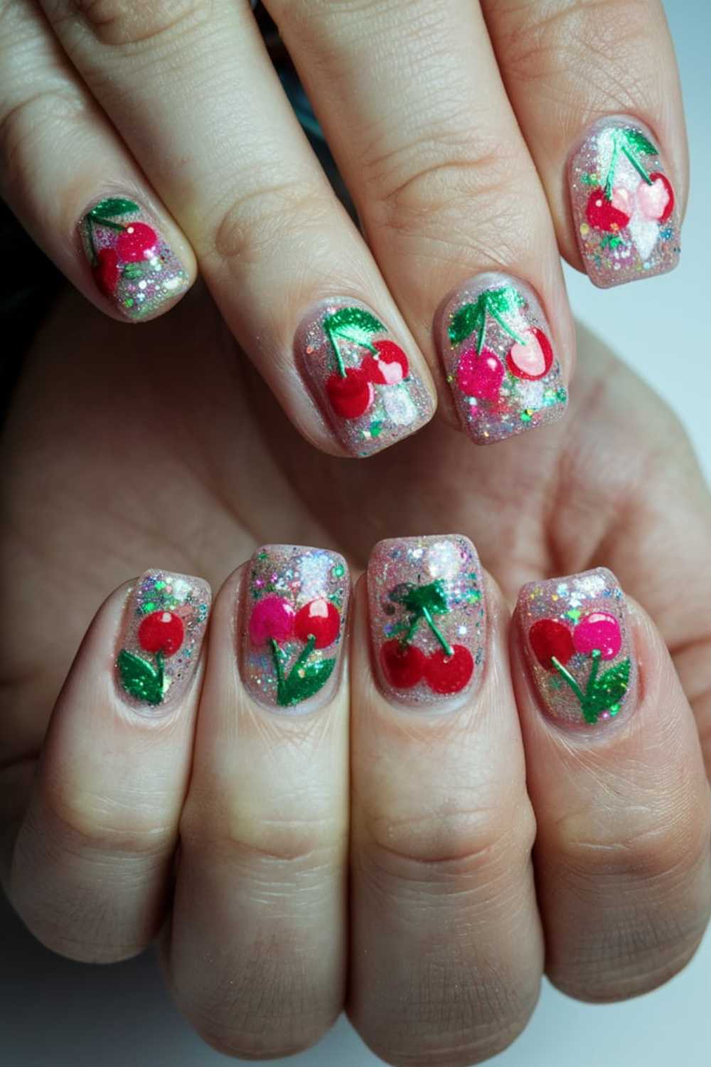 A close-up of hands showcases stunning cherry nail art designs, with glittery nails adorned with red cherries and lush green leaves. The neutral background accentuates the vibrant colors of this exquisite manicure.