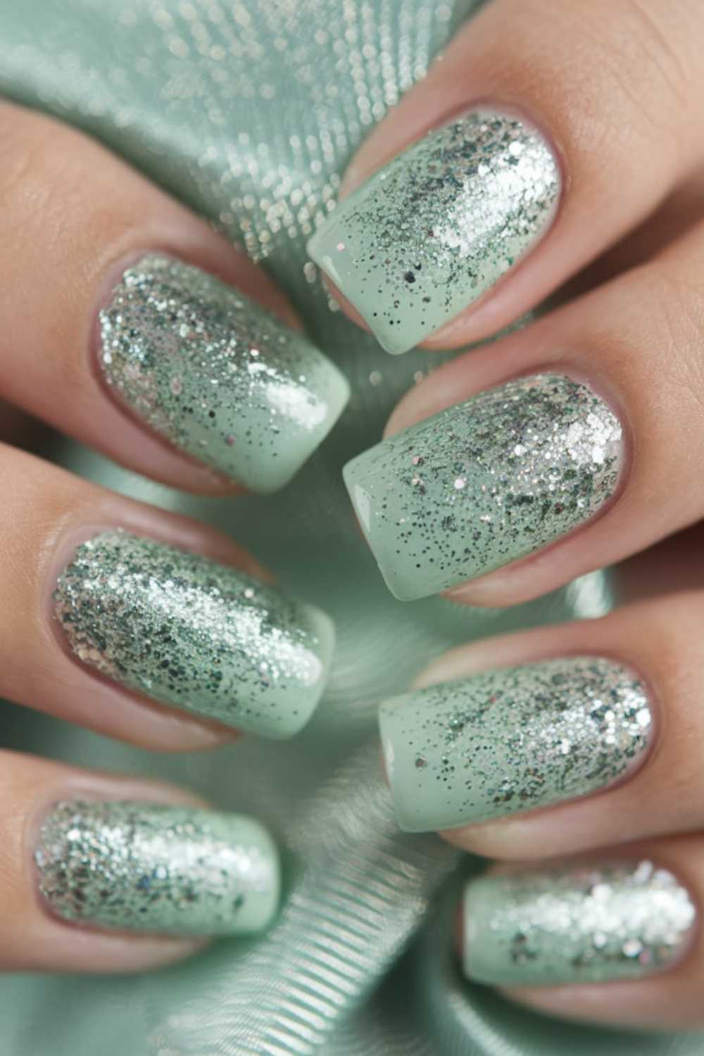 Close-up of hands with mint green, square-shaped nails featuring silver glitter on top, creating a sparkling gradient Green Nail Art effect. The background includes a matching mint green fabric.