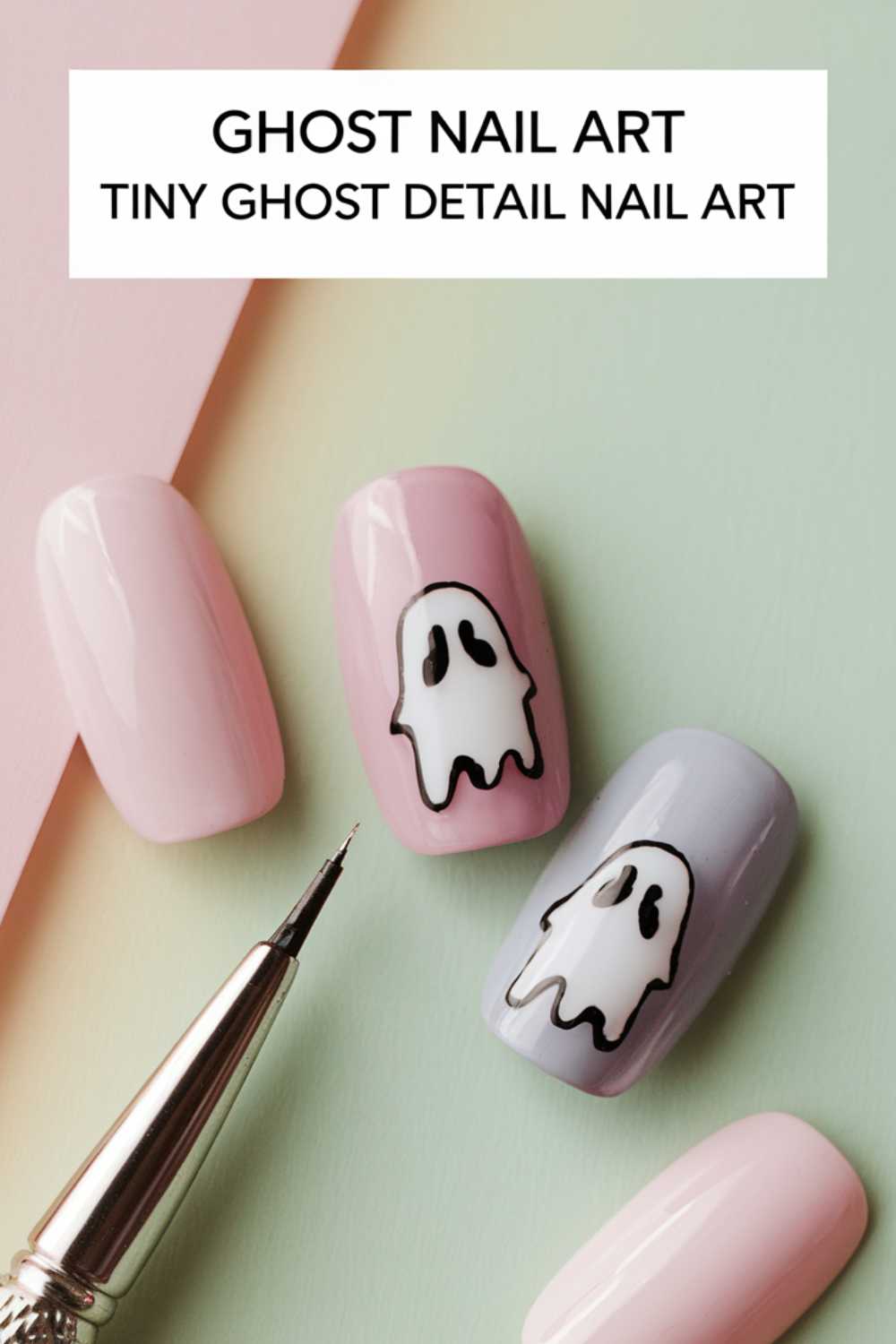 Manicure showcasing pastel nails with ghost designs, including black and white ghost details on pink and light blue nails. A nail art brush is positioned to the lower left. Text at the top reads, Ghost Nail Art Tiny Ghost Detail Nail Art.