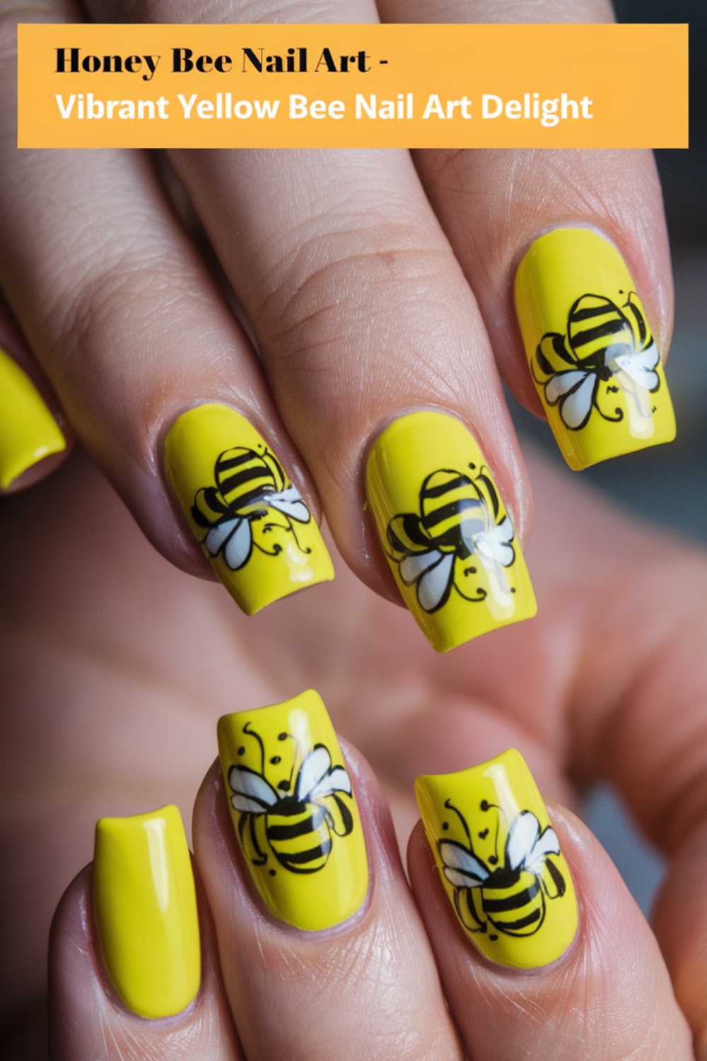 A hand with bright yellow polish showcases adorable bee nail art on each nail. Text reads Honey Bee Nail Art - Vibrant Yellow Bee Nail Art Delight at the top of the image.