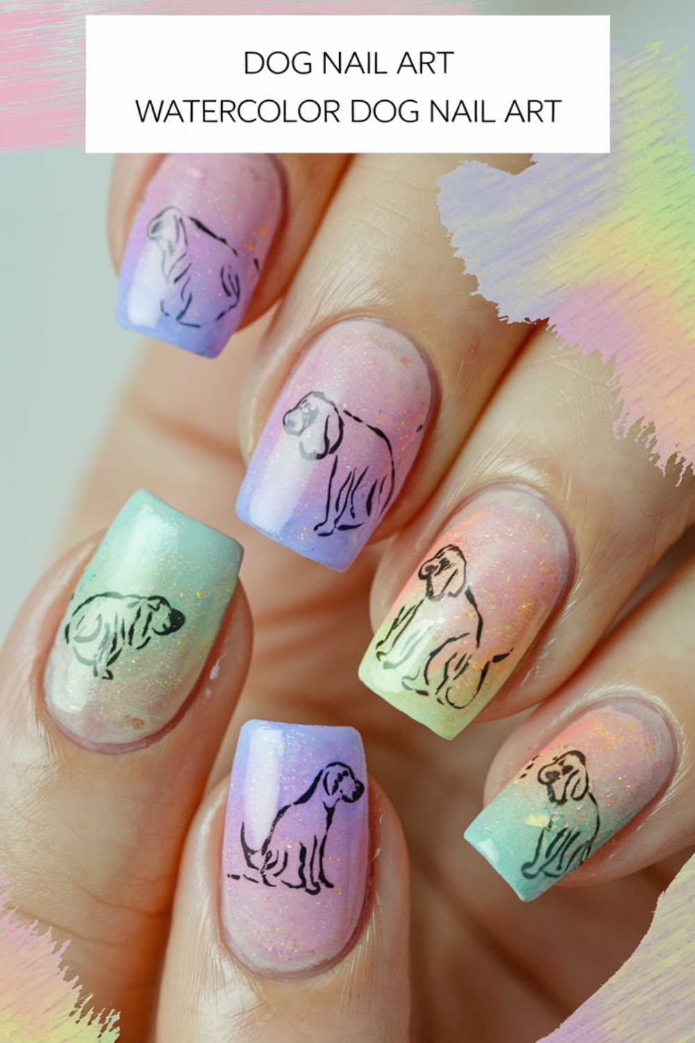 A close-up showcases a hand with fingernails painted in pastel watercolor shades, each adorned with a simple black line drawing of a dog. Above the artwork, the text proudly reads Dog Nail Art, capturing the essence of this creative manicure.
