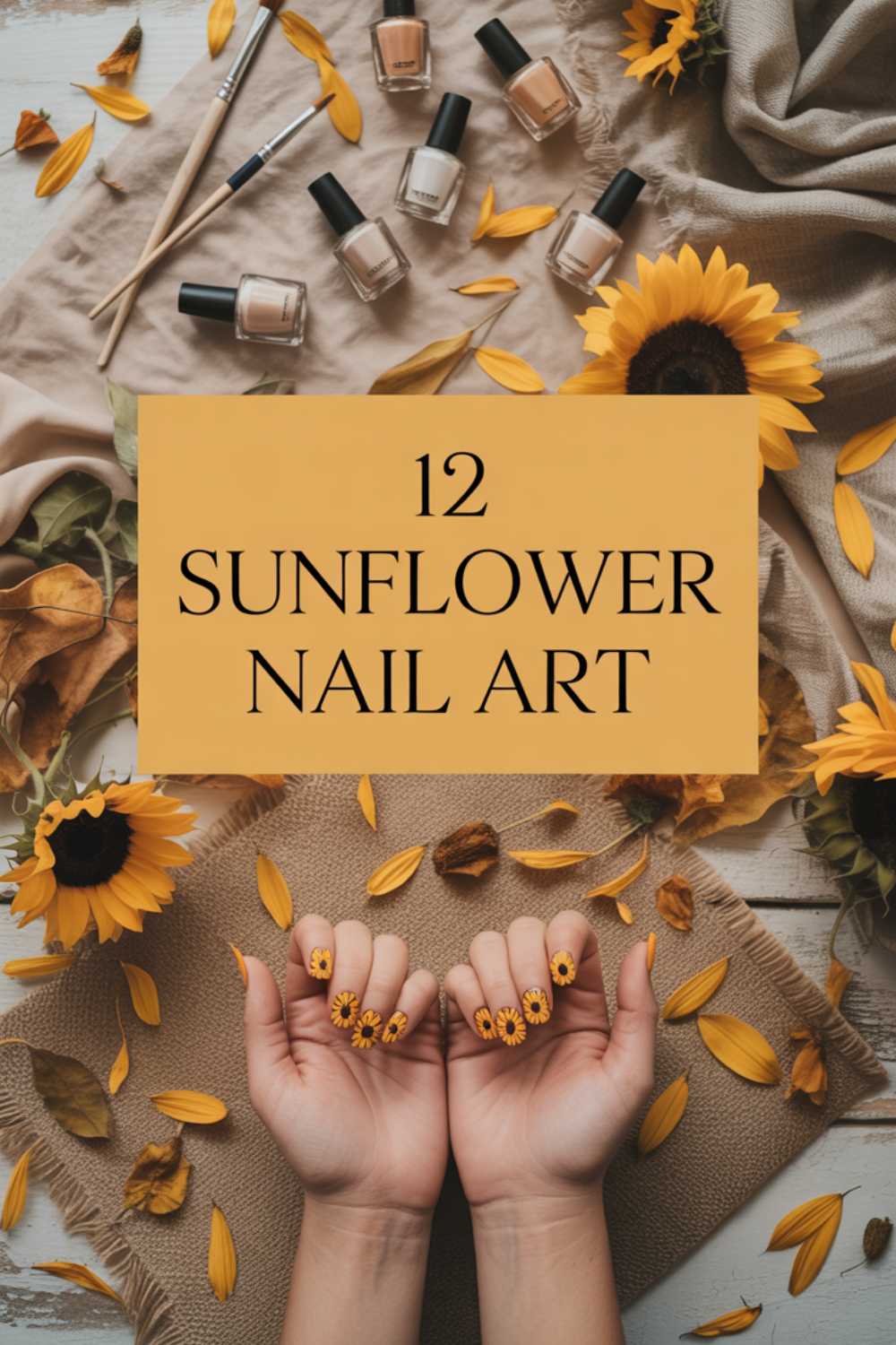 Two hands with sunflower nail art are surrounded by sunflowers, yellow petals, beige cloth, and nail polish bottles. A text overlay in the center reads 12 Sunflower Nail Art.